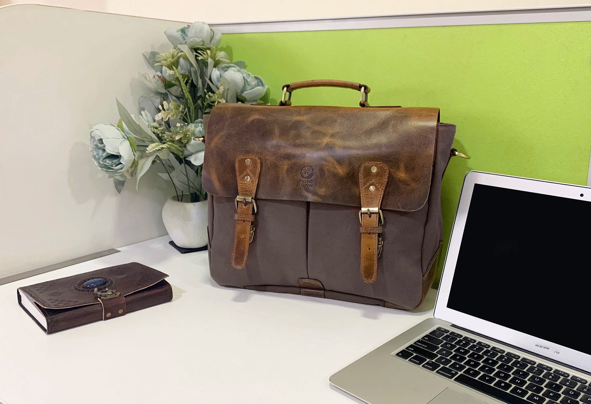Premium Rover Leather & Canvas Messenger Bag for Men & Women - Stylish Laptop Briefcase with Multiple Pockets (Dark Grey) - Perfect for Work, Travel & Daily Commute
