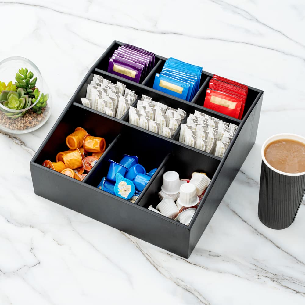 11.75 x 5.5 Inch Black Bamboo Coffee Condiment Organizer with 9 Compartments - Break-Resistant Creamer Caddy for Sugar Packets & Coffee Accessories | Perfect for Restaurants, Cafes & Home Kitchen Countertop Organization