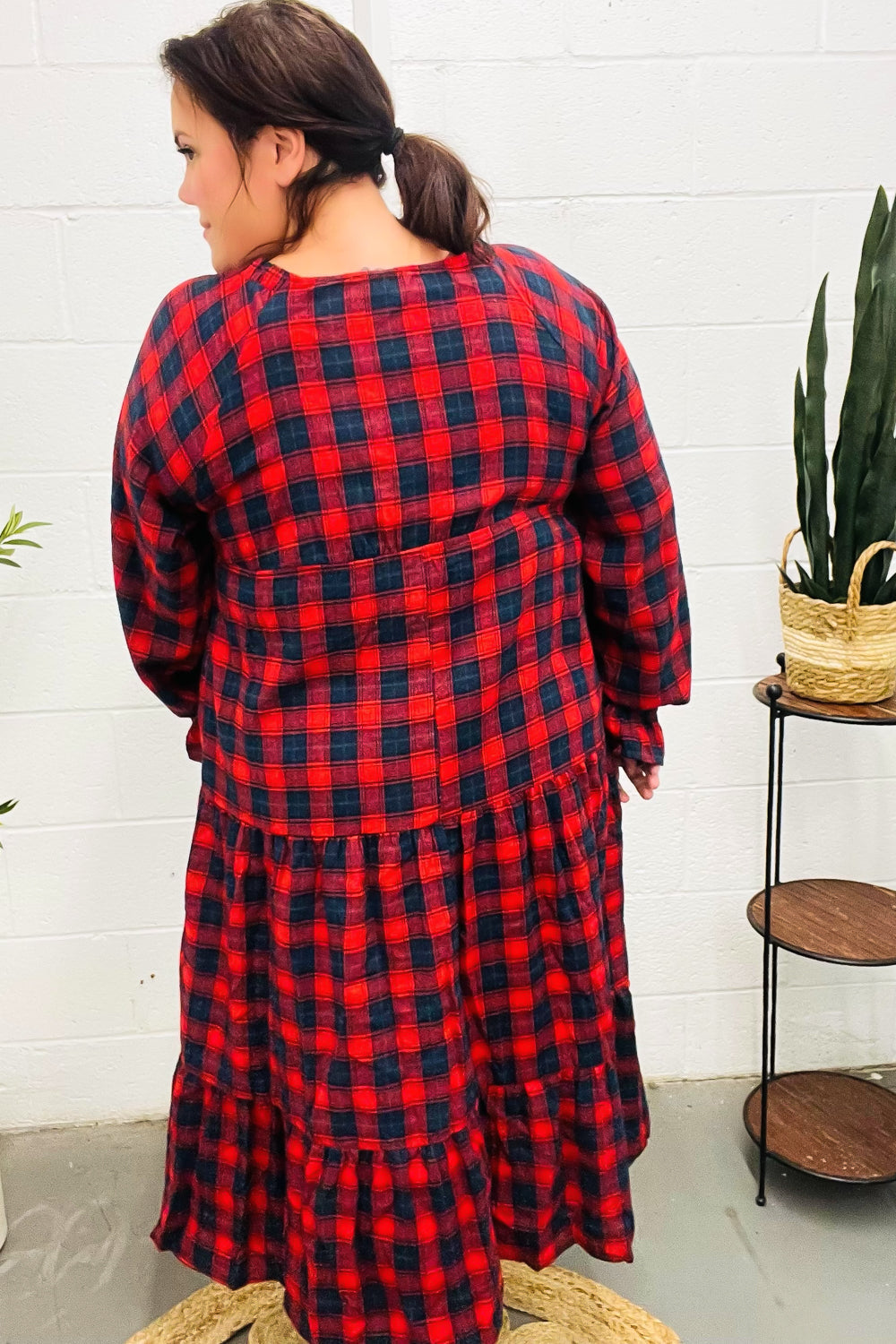 Stylish Red Plaid Elastic V-Neck Tiered Maxi Dress for Women | Flowy Long Summer Dress | Perfect for Beach, Vacation & Casual Outings