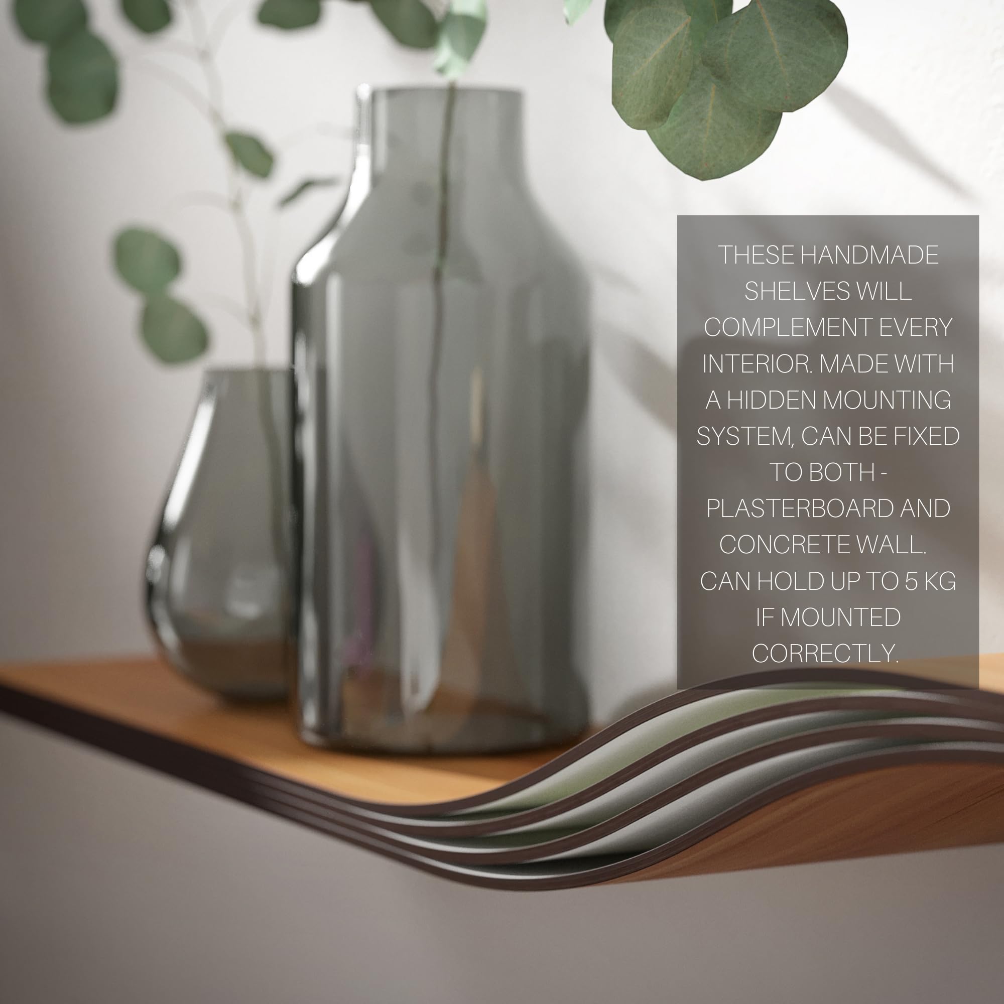 Modern Floating Shelves with Hidden Mount - Natural Wood Wall Shelf for Office, Bathroom & Bedroom Storage - White Geometric Wooden Shelf Decor (Ash, 60cm/23.6inch) - Perfect for Small Space Organization & Stylish Home Decor