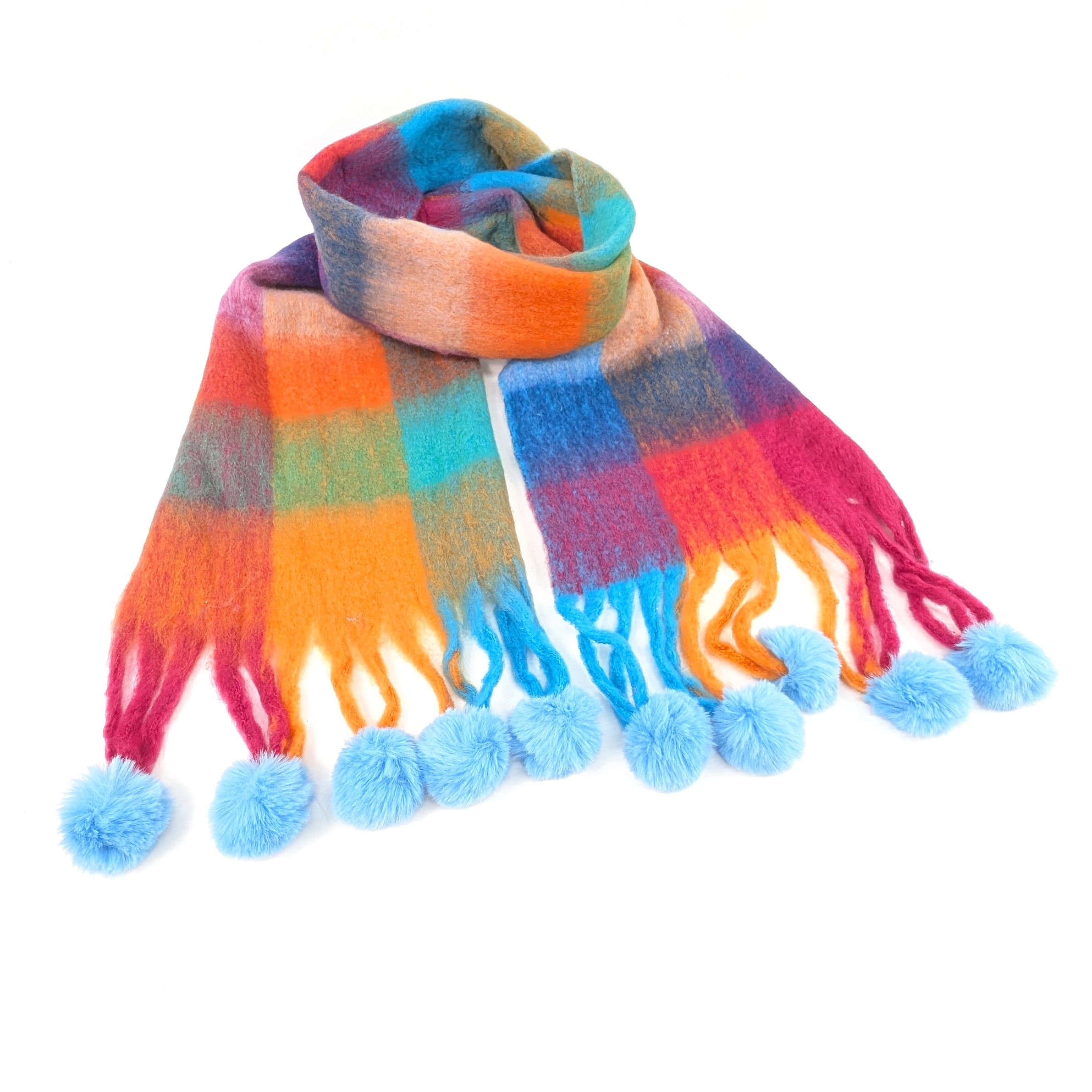 Skala Extra Thick Check PomPom Scarf (40x210cm) - Bold Colors for Winter Fashion, Women's Knitted Wool Scarf for Cold Weather, Christmas Gift