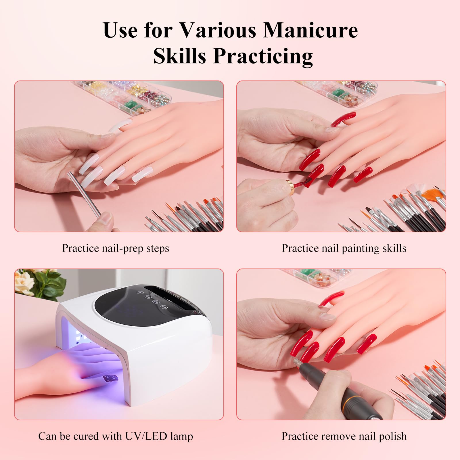 Professional Acrylic Nail Practice Hand - Flexible Bendable Mannequin Hand with 100PCS Nail Tips, Painting Pen, Nail Clay & Rhinestones - Perfect for Nail Art Training, Salon Practice & DIY Manicure at Home