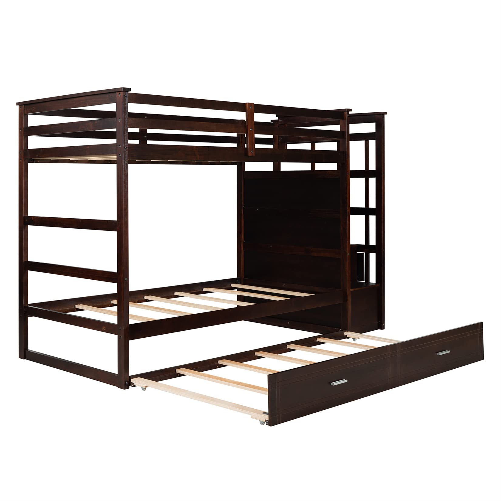 Twin Over Twin Bunk Beds with Trundle & Stairs - Wooden Storage Bunk Bed Frame with 4 Drawers for Kids, Boys, Girls & Teens - Espresso Finish - Perfect for Small Bedrooms, Guest Rooms & Vacation Homes
