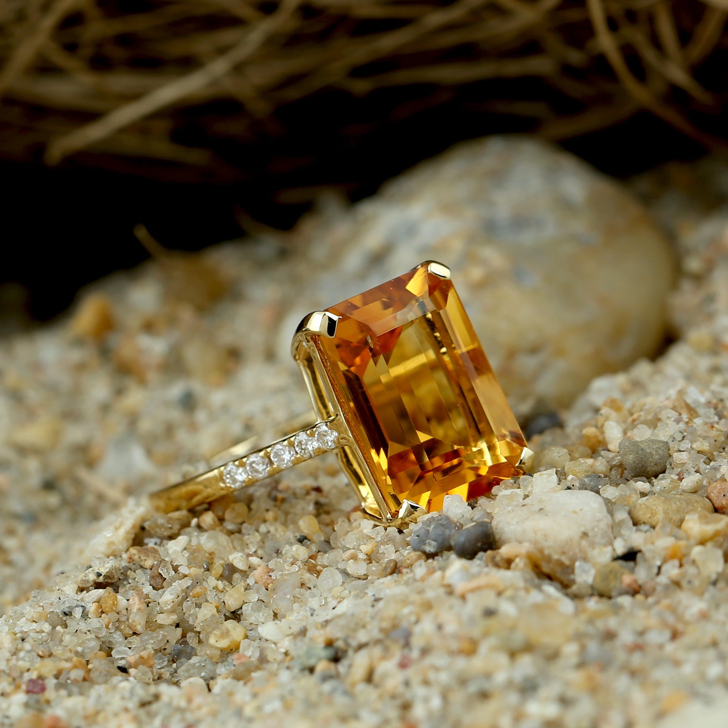 14K Yellow Gold Baguette Cut Citrine Solitaire Ring with Pave Diamond Accents - Perfect for Engagement, Anniversary & Special Occasion Gifts