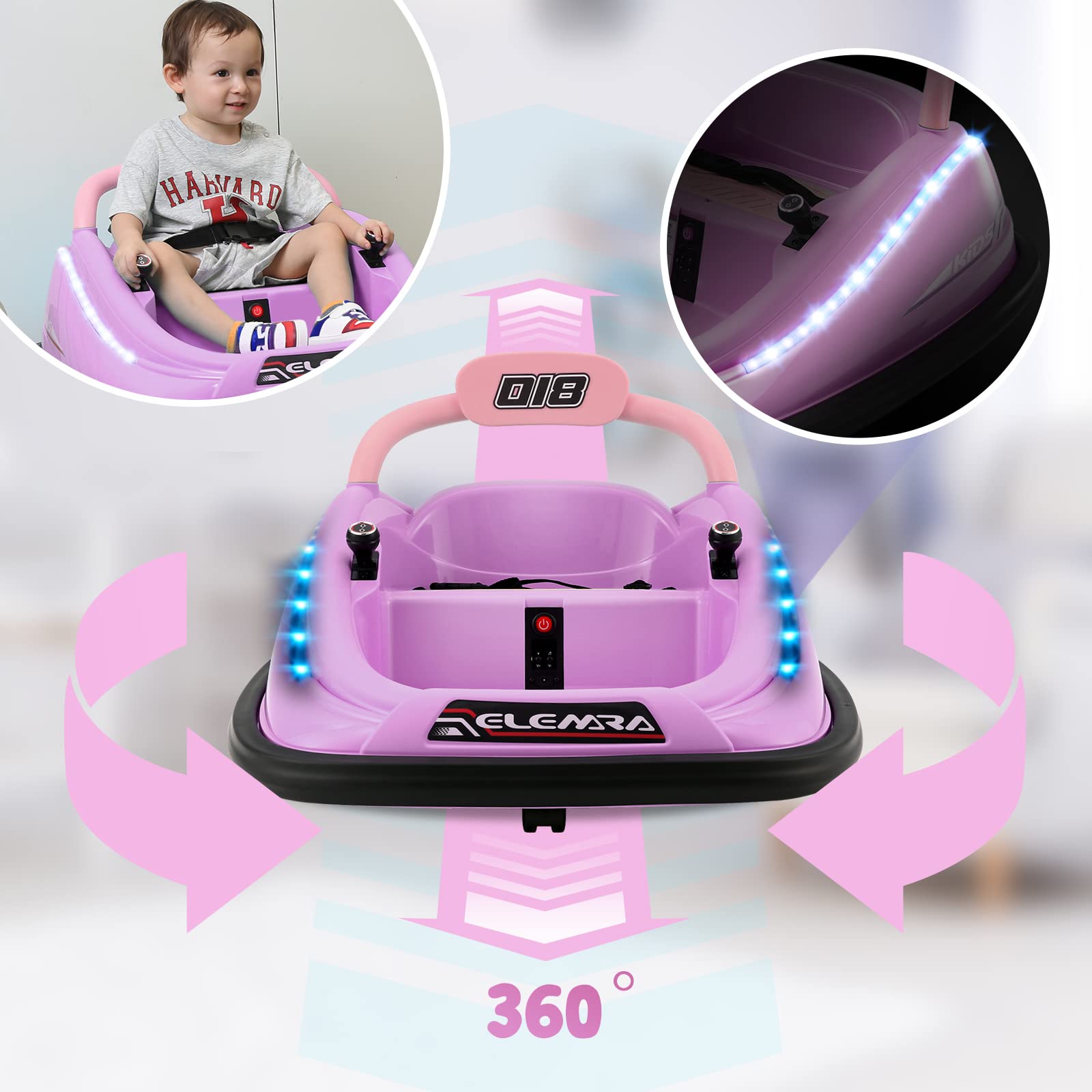 ELEMARA 12V Electric Bumper Car for Toddlers & Kids - Remote Control Ride-On Toy with 2 Speed Modes, Safety Belt, LED Lights & DIY Stickers - Large Purple Bumper Car for Indoor/Outdoor Play, Birthday Gifts & Family Fun