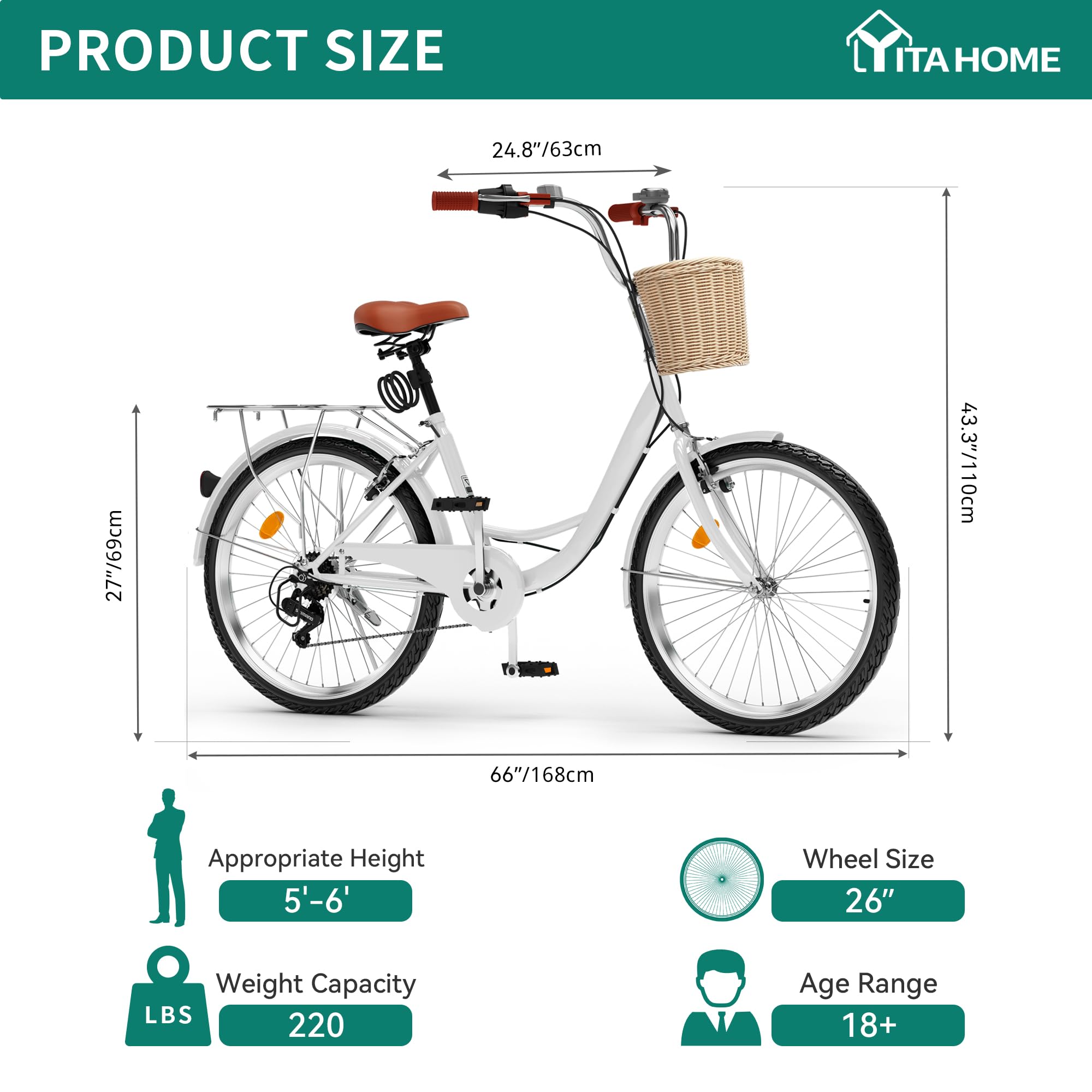 YITAHOME Women's Beach Cruiser Bike - 24 & 26 Inch Commuter Bicycle for Adults with Basket & Adjustable Seat - 1 & 7 Speed Options in Multiple Colors - Perfect for Beach Rides, City Commuting & Leisure Cycling