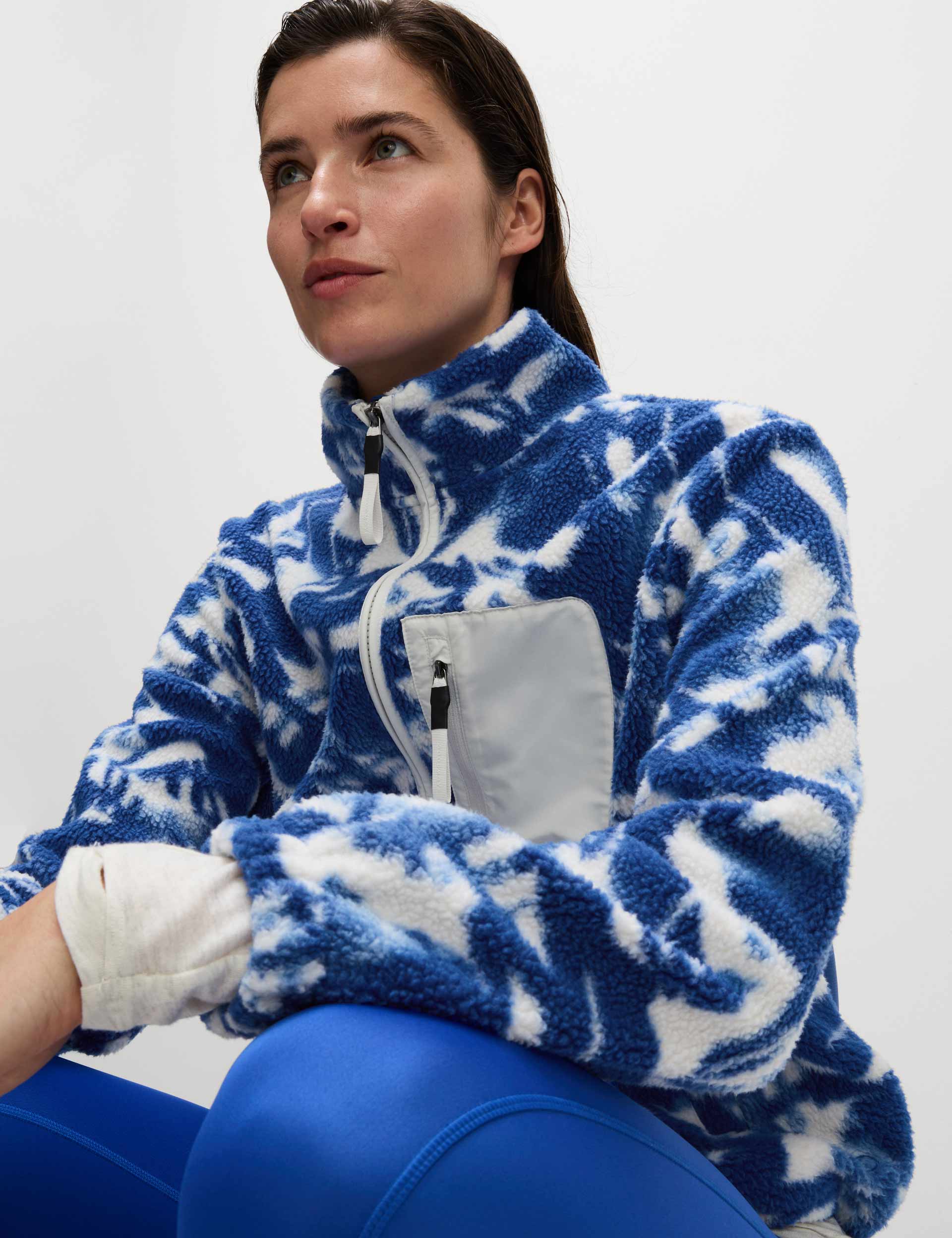 Borg Printed Funnel Neck Zip Up Fleece Jacket for Men & Women | Blue/White Color Block | Warm Winter Outerwear for Hiking, Camping & Outdoor Activities