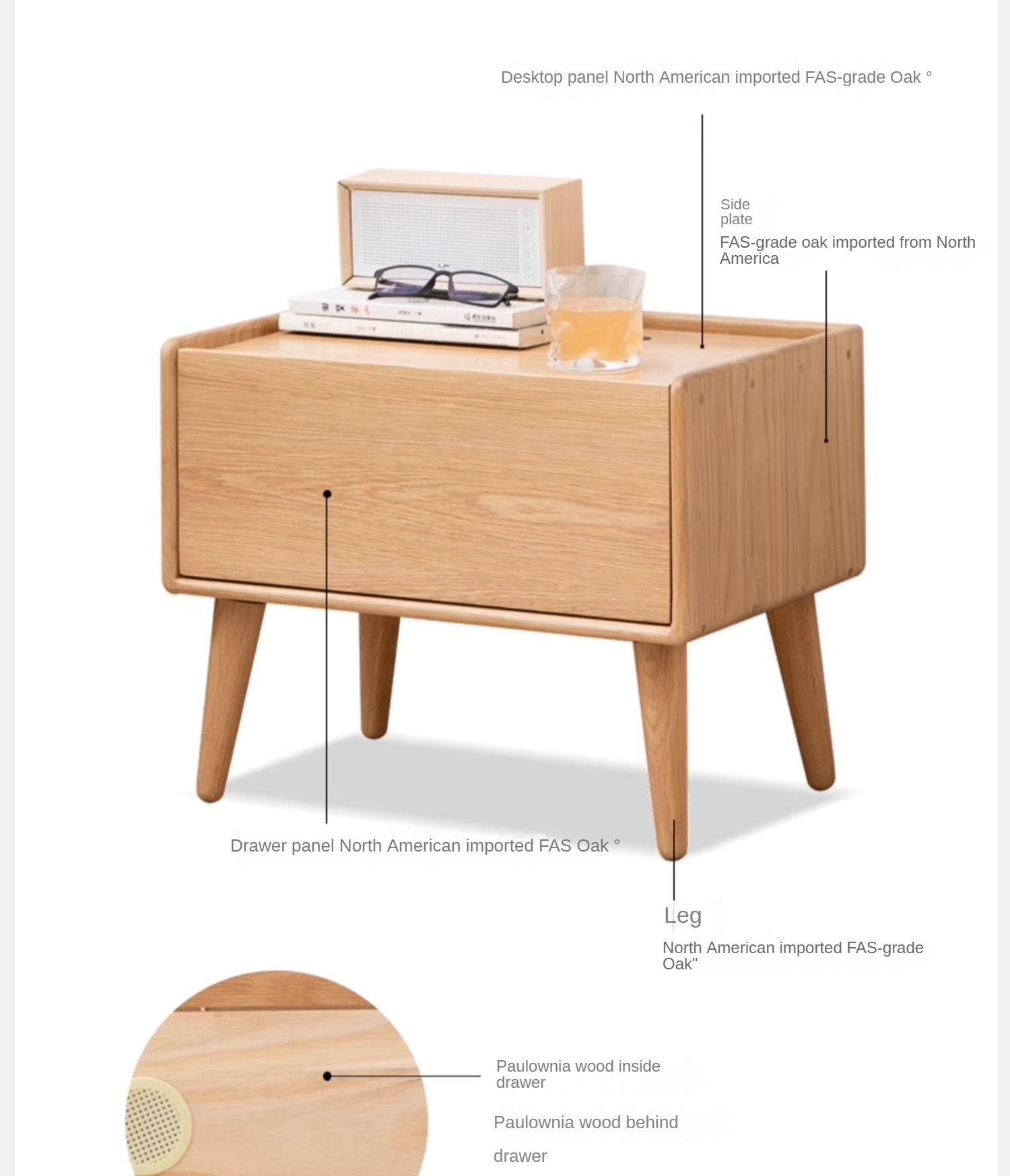 Solid Oak Wood Nightstand with Built-in USB Outlet - Perfect for Bedroom, Living Room, or Office Use