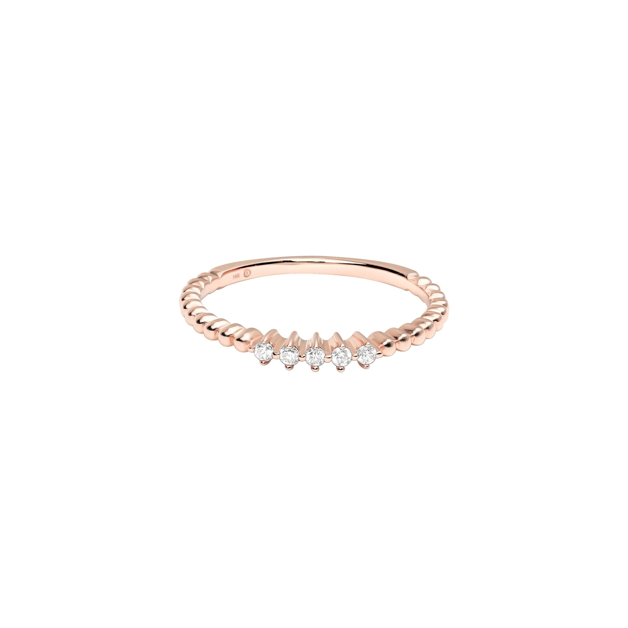 14K Solid Rose Gold Five Diamond Beaded Ring for Women - Elegant Stackable Dainty Jewelry Gift for Anniversary, Birthday & Special Occasions