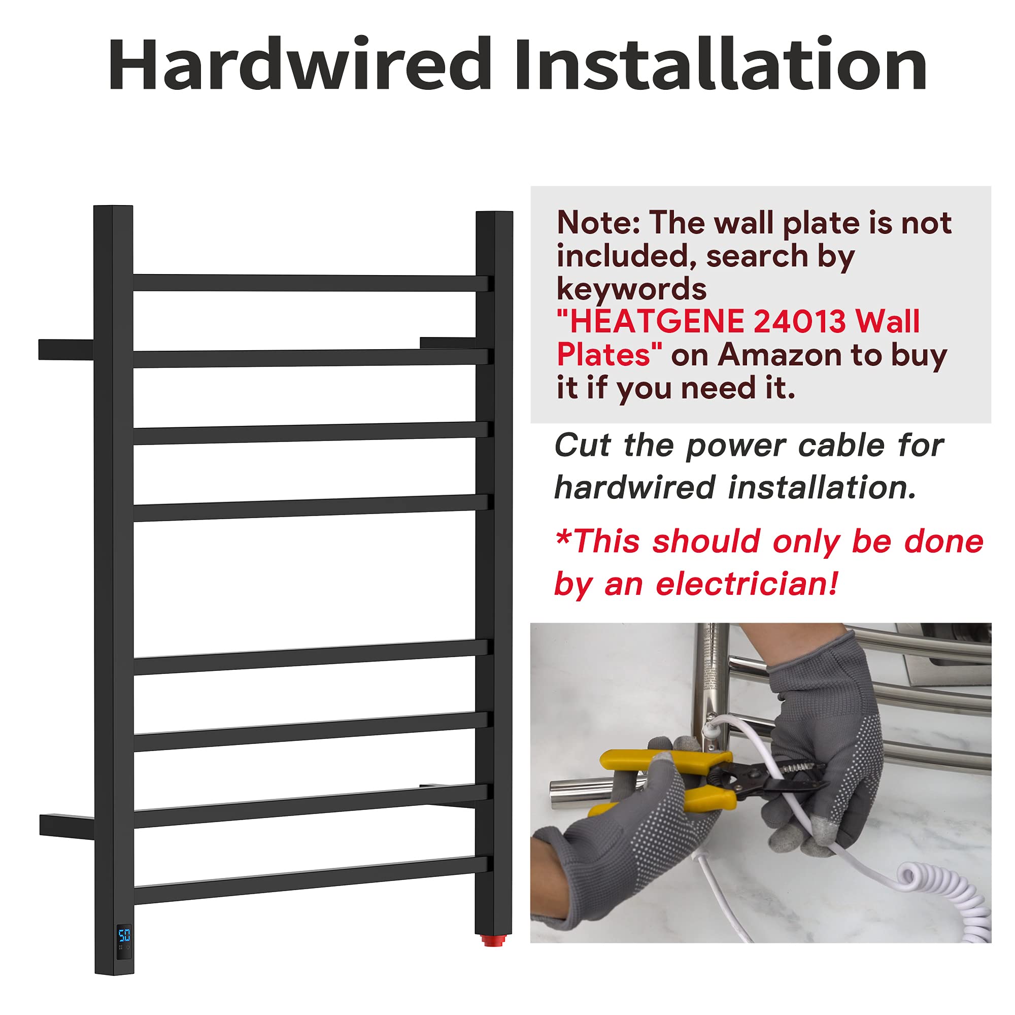 HEATGENE Electric Towel Warmer with Timer & Temperature Control - 8 Square Bar Wall-Mounted Towel Rack | Plug-in or Hardwired Installation | Matte Black | Perfect for Bathrooms, Spas & Luxury Homes