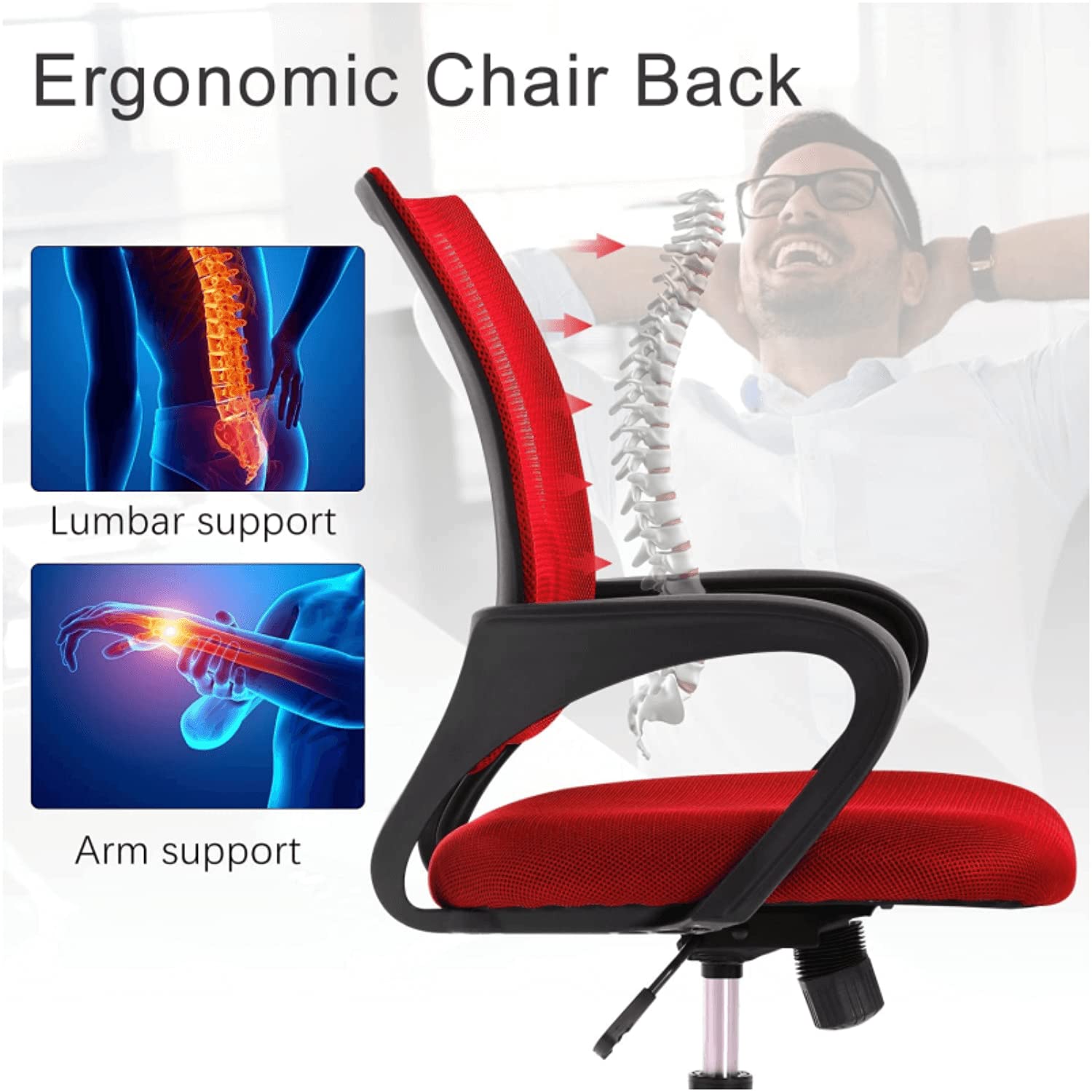 Ergonomic Mesh Office Chair with Adjustable Lumbar Support & Armrests - Modern Mid Back Executive Swivel Chair for Home Office, Computer Desk - Ideal for Long Work Hours & Remote Work (Red)