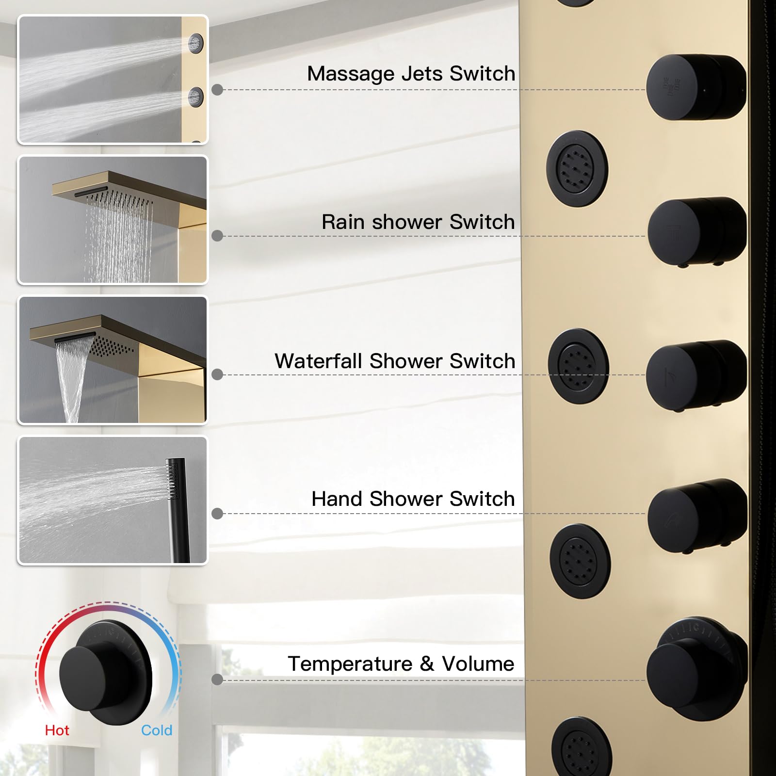 Homevacious Luxury Shower Panel Tower System - Rainfall Shower Head, 5 Body Jets & Handheld Shower | Modern Massage Shower System in Polished Gold & Black | Perfect for Spa-Like Bathroom Renovation & Relaxing Shower Experience