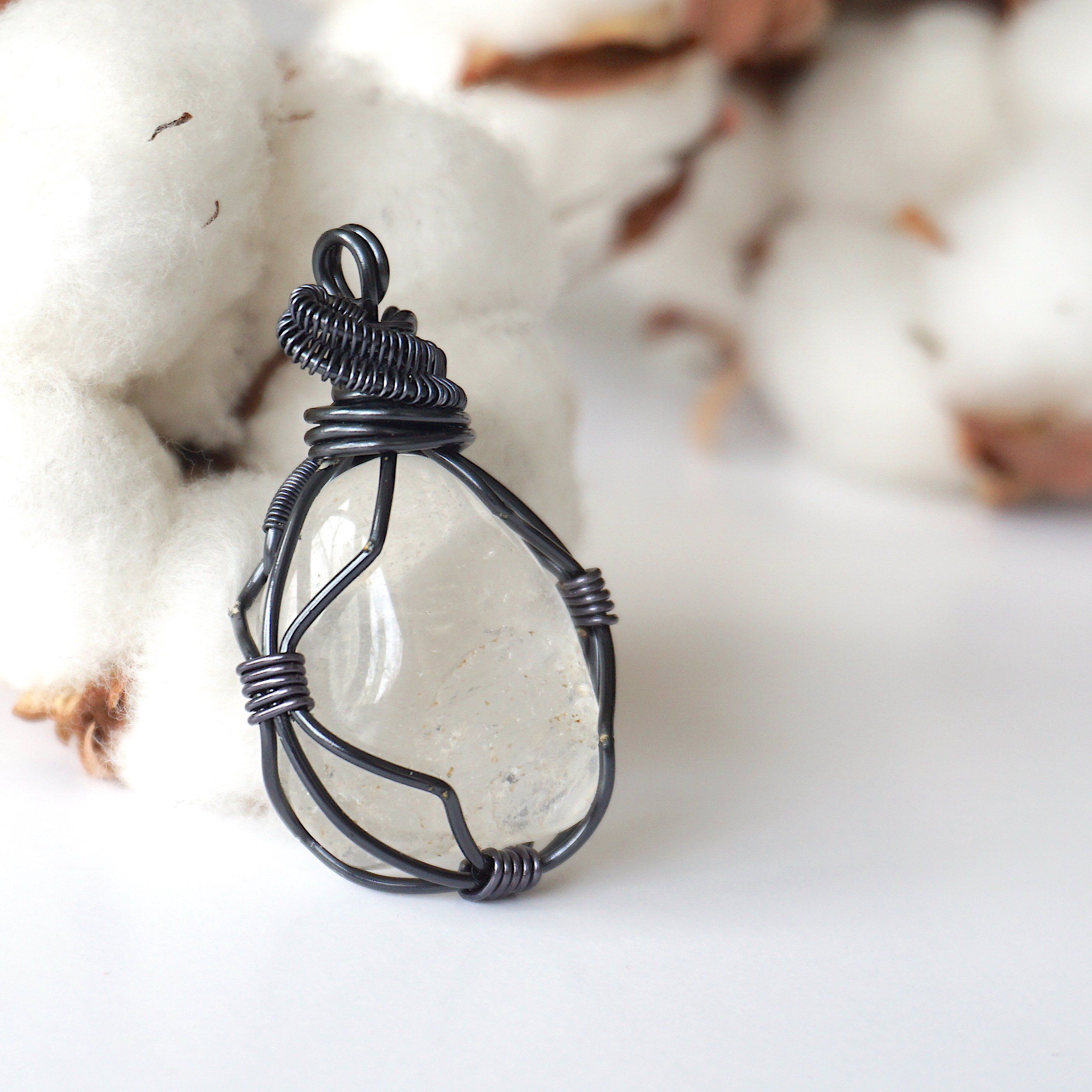 Natural Clear Quartz Pendant Necklace with Gunmetal Wire Wrap - Healing Crystal Jewelry for Meditation, Energy Cleansing & Spiritual Protection