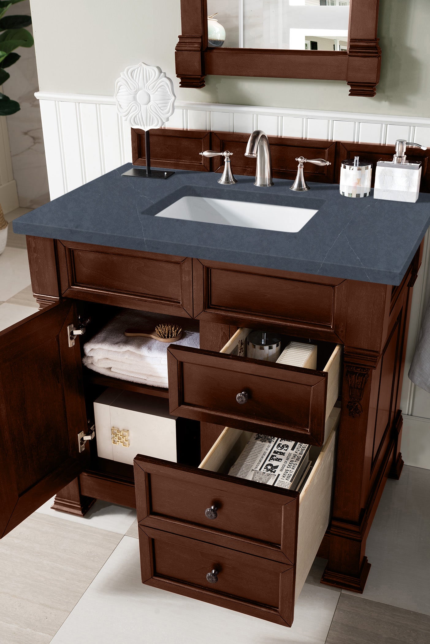Brookfield 36 Inch Single Bathroom Vanity with Warm Cherry Finish & 3CM Charcoal Soapstone Quartz Top - Perfect for Modern Master Bathroom or Guest Bathroom Renovation