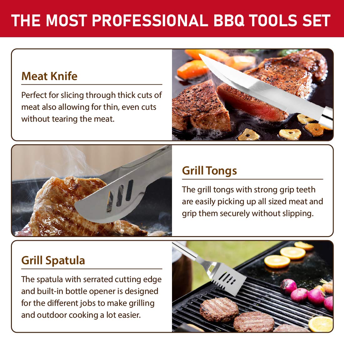 HUSSAR 34-Piece Stainless Steel BBQ Grill Tools Set - Spatula, Tongs, Skewers & Premium Grilling Accessories for Outdoor Cooking, Camping, Backyard BBQ - Complete Grill Utensil Kit with Storage Bag (Silver, BTS-34) | Perfect for Summer Grilling, Tailgating & Family Gatherings