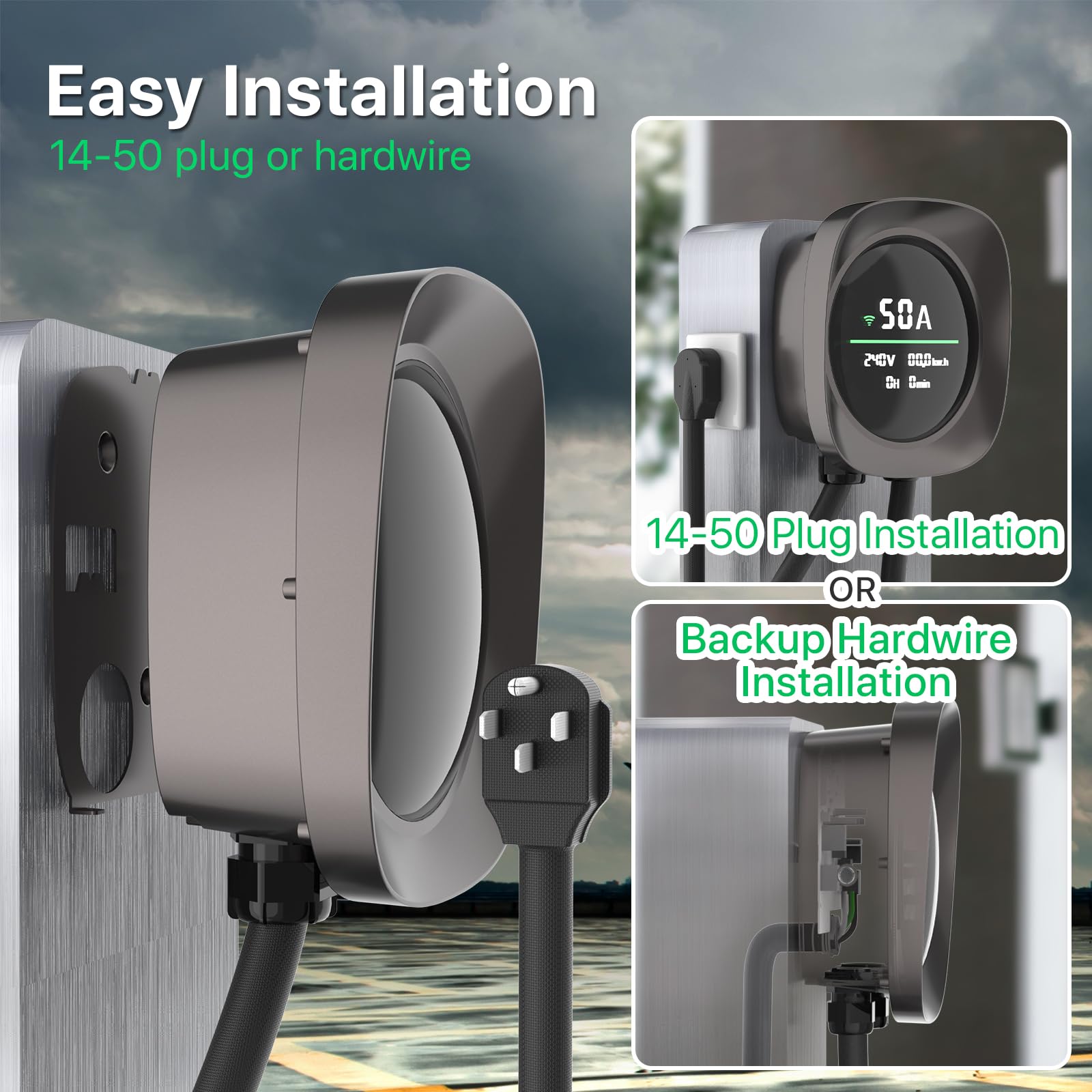 Smart WiFi Level 2 EV Charger 50 Amp - 240V J1772 Home Electric Vehicle Charging Station with App Control (NEMA 14-50 Plug/Hardwire) - Perfect for Home & Garage Charging