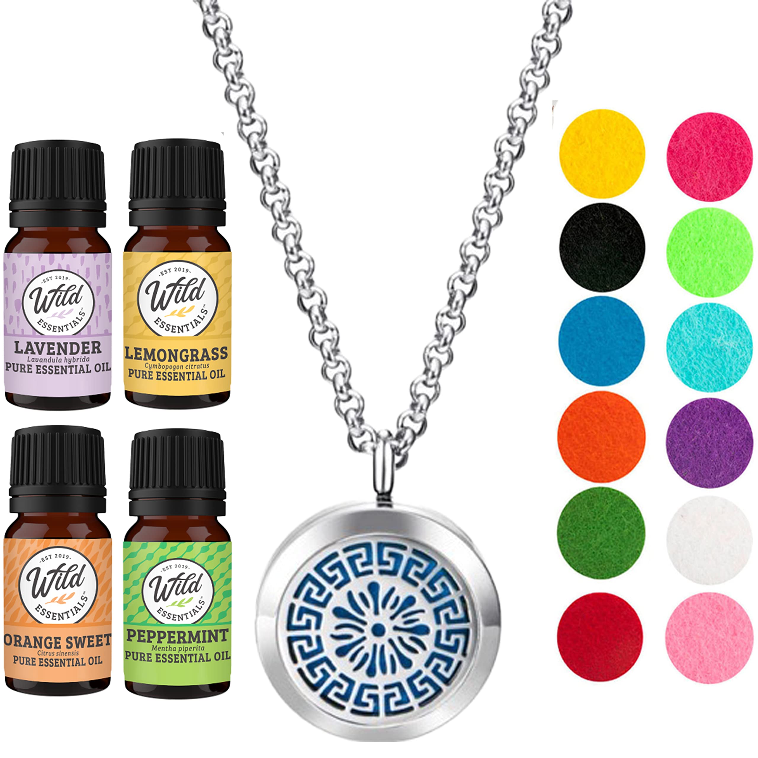 Wild Essentials Greek Key Necklace Essential Oil Diffuser Kit - 4 Aromatherapy Oils (Lavender, Lemongrass, Peppermint, Orange) with 12 Refill Pads | Calming Scented Jewelry Gift Set | Custom Color Changing | Perfect for Home, Office & Yoga Meditation