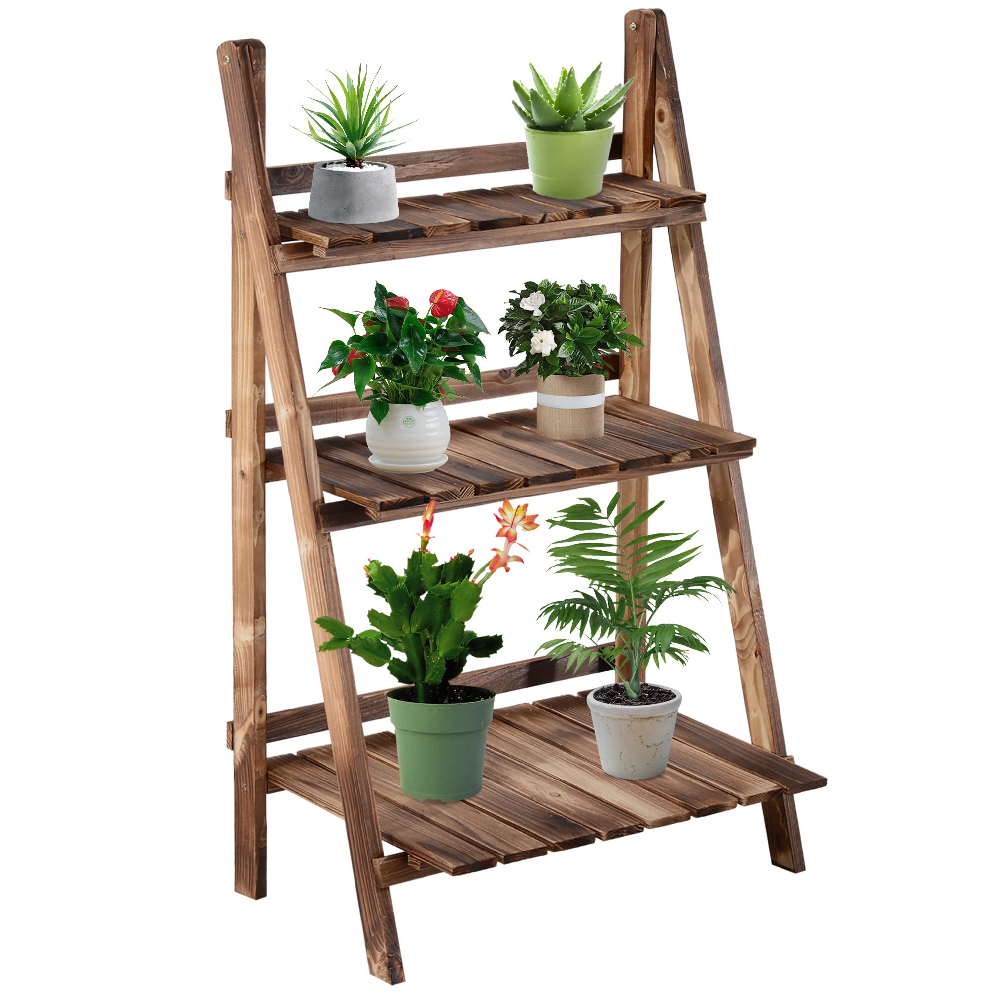 Outsunny 24 Inch Tall 3-Tier Foldable Wooden Plant Stand - Slatted Bottom Flower Shelf Ladder for Indoor Outdoor Garden Decor | Perfect for Balcony, Patio, Living Room & Plant Display