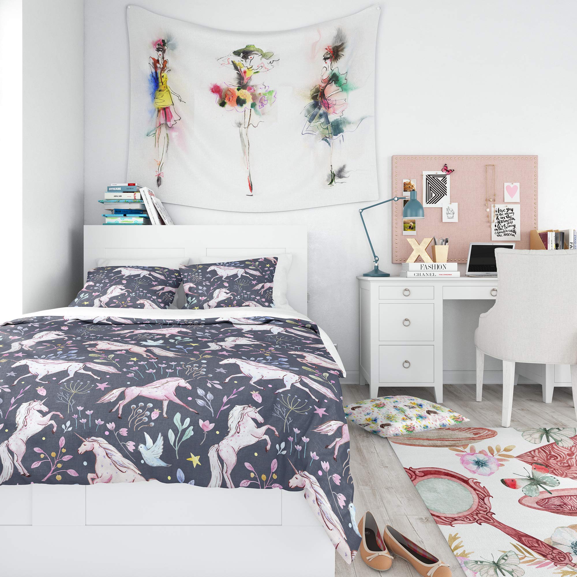 DesignQ Watercolor Unicorn Duvet Cover Set - Soft Modern Teen Bedding for Girls Room Decor | Perfect for Kids Bedroom, Dorm Room & Sleepover Parties