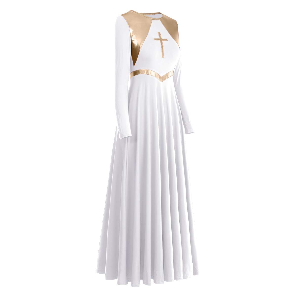 Metallic Cross Praise Dance Dresses for Women - Liturgical Worship Long Sleeve Loose Fit Full Length Dress - Perfect for Church Performances, Gospel Choir & Spiritual Dance Events