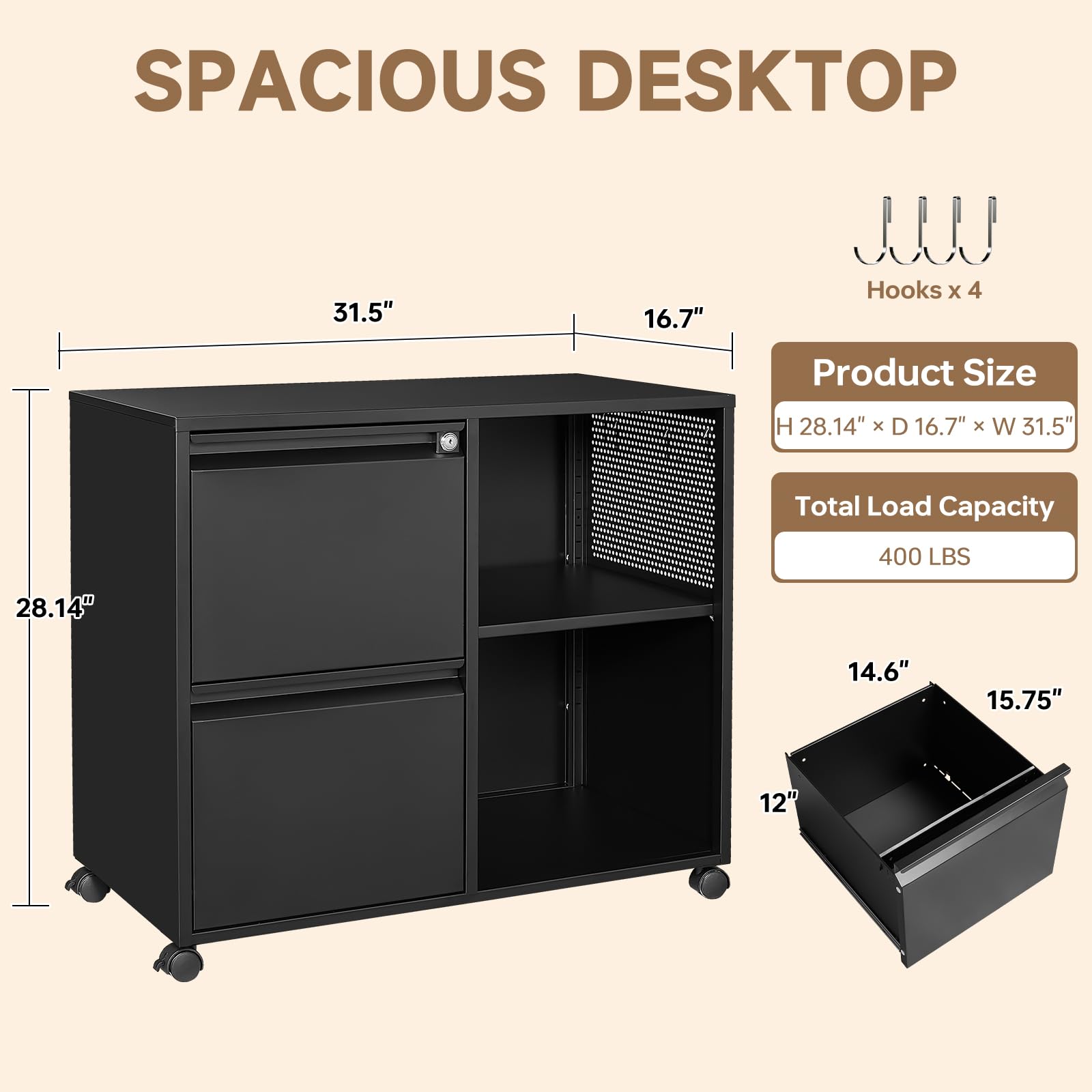 2-Drawer Mobile File Cabinet with Lock - Adjustable Shelves for Letter, A4 & Legal Size Documents - Black Lateral Filing Cabinet for Home Office Organization - Perfect for Small Spaces & Shared Workspaces
