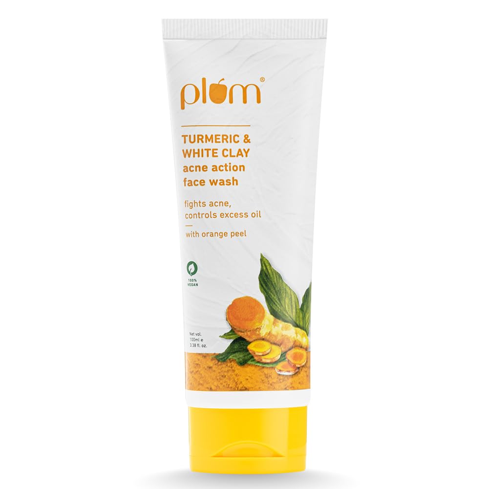 Plum Turmeric & White Clay Acne Action Face Wash - Fights Acne & Controls Oil with Turmeric & Orange Peel | Non-Drying, Sulfate-Free, Vegan Clay Cleanser (100ml) for Clear Skin | Perfect for Oily & Acne-Prone Skin Daily Care