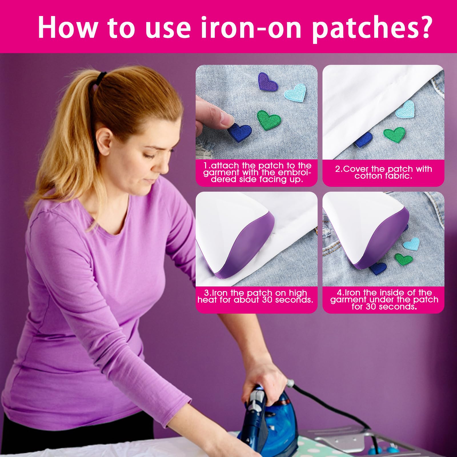 Bremorou 62 Pcs Colorful Heart Iron-On Patches - Mini Embroidered Appliques for Clothes, Hats, Jeans, DIY Backpacks & Shoes | Perfect for DIY Fashion, Costume Design & Outfit Customization