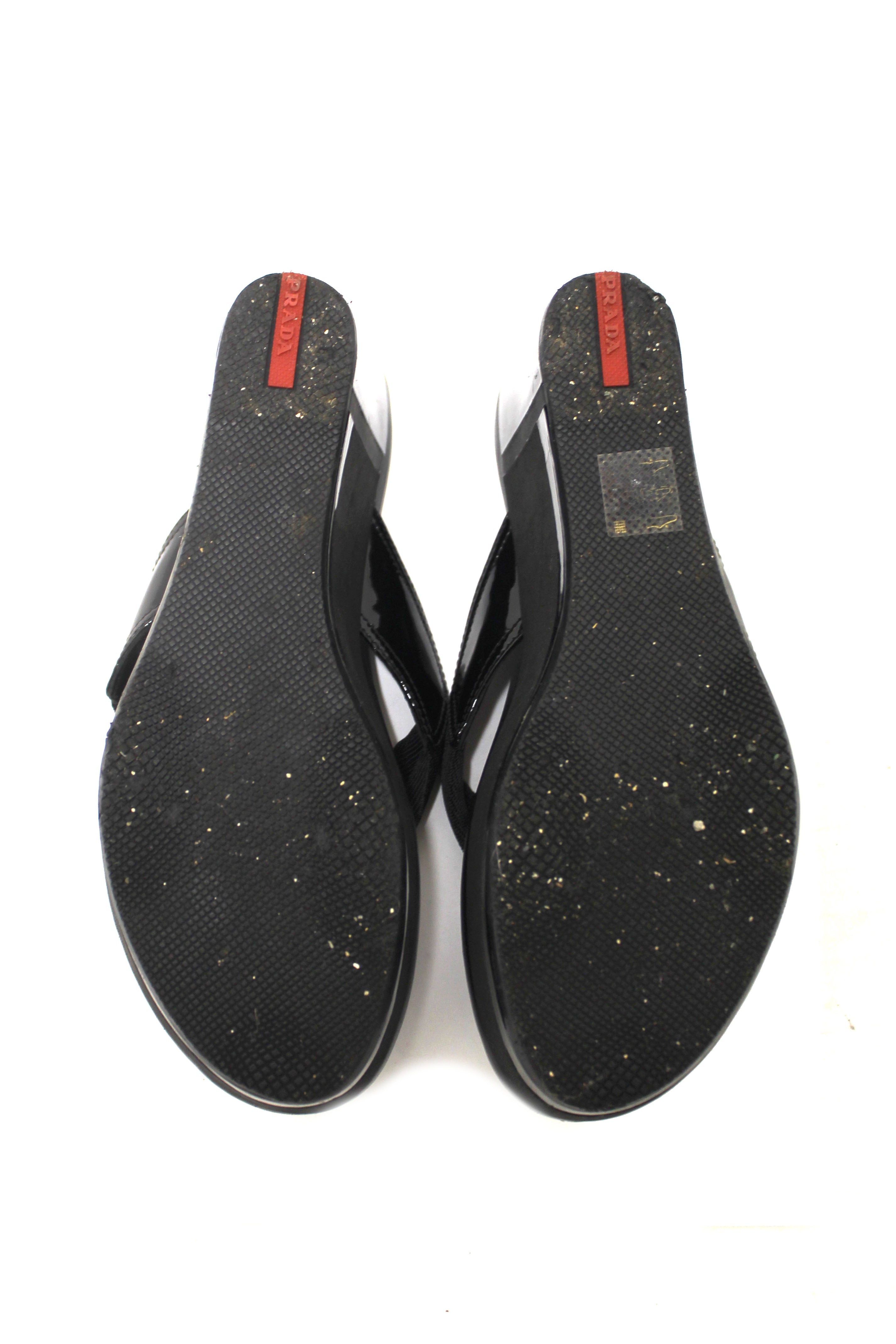 Authentic Prada Black Canvas & Leather Thong Wedge Flip Flops Women's Size 37.5 (US 7) - Summer Beach Vacation, Poolside Lounging & Casual Outfits