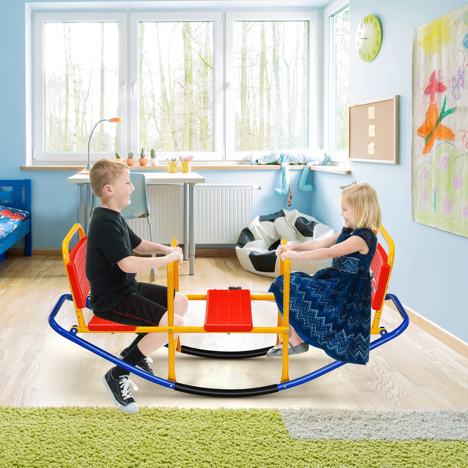 Costzon 2-in-1 Metal Teeter Totter Seesaw for Kids Ages 3-8 - Outdoor Rocking Toy with Easy-Grip Handles for Toddlers - Indoor/Backyard Play Equipment for Preschoolers (1-3 Person Capacity) - Perfect for Home, School & Park Playdates
