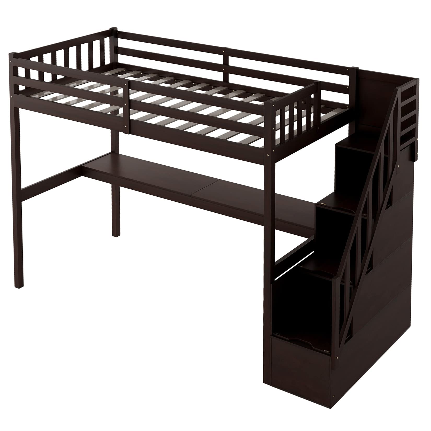 **Twin Loft Bed with Desk & Storage - Sturdy Wood Loft Bed Frame with Staircase - Space-Saving Kids Bed for Boys, Girls & Teens - Espresso Finish - Perfect for Small Bedrooms & Dorm Rooms**