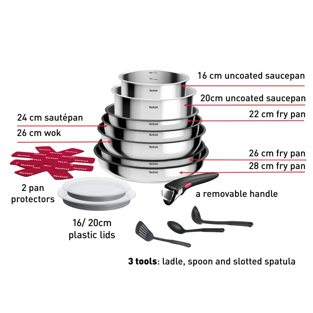 Tefal Ingenio Cook Eat Stackable Non-Stick Cookware 15-Piece Set - Perfect for Small Kitchens & Easy Storage | Induction Compatible Pots & Pans for Everyday Cooking