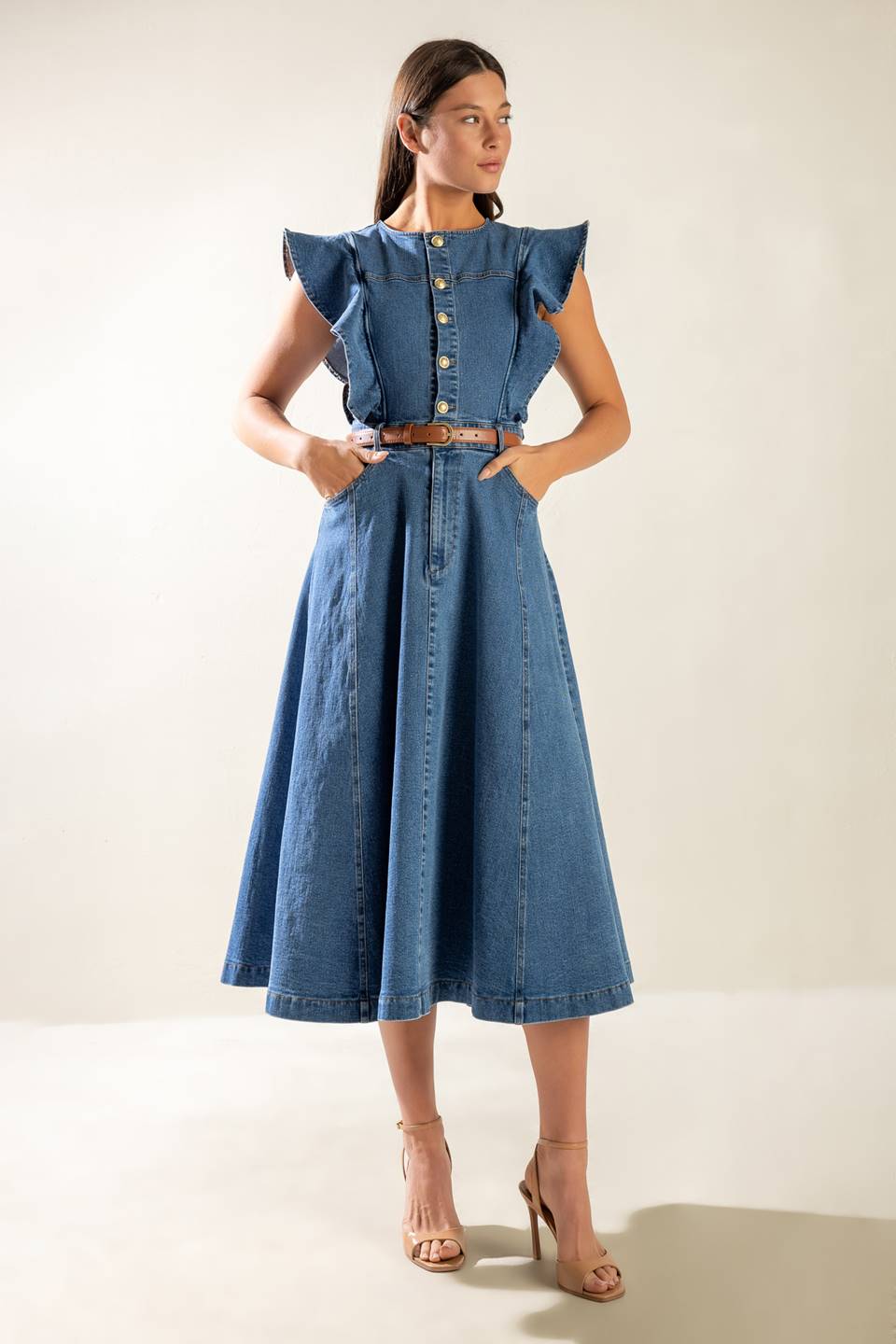 Indigo Ruffle Sleeve Denim Midi Dress for Women - Stylish Casual & Party Wear - Perfect for Date Nights, Brunch, and Summer Outings