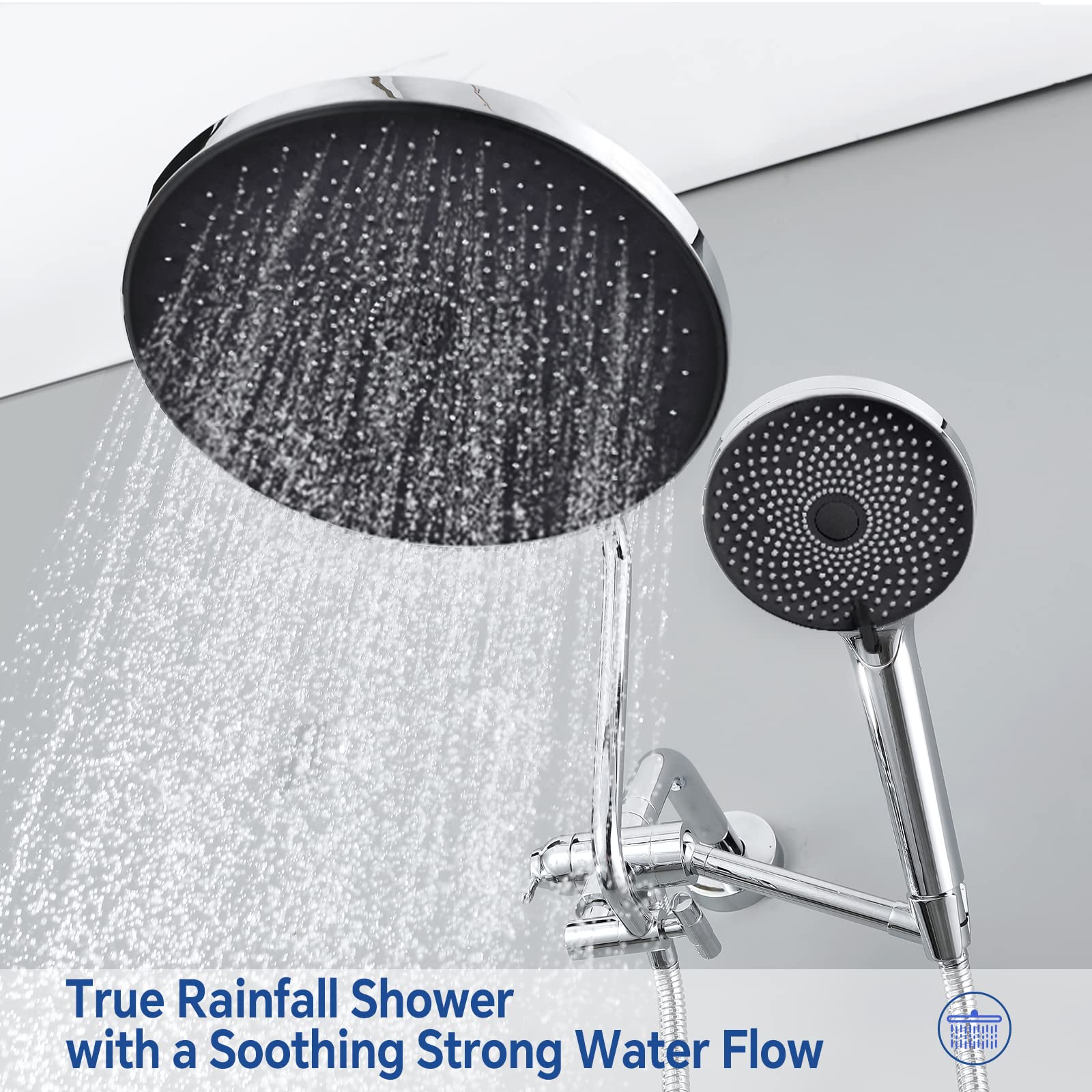 YDmeet Dual Shower Head Combo - 10 Inch Rainfall Shower Head & Adjustable 12 Inch Extension Arm with 3-Way Diverter - Handheld Showerhead with 71 Inch Hose - Chrome Finish - Perfect for Bathroom Renovation, Spa-Like Experience & Water Saving