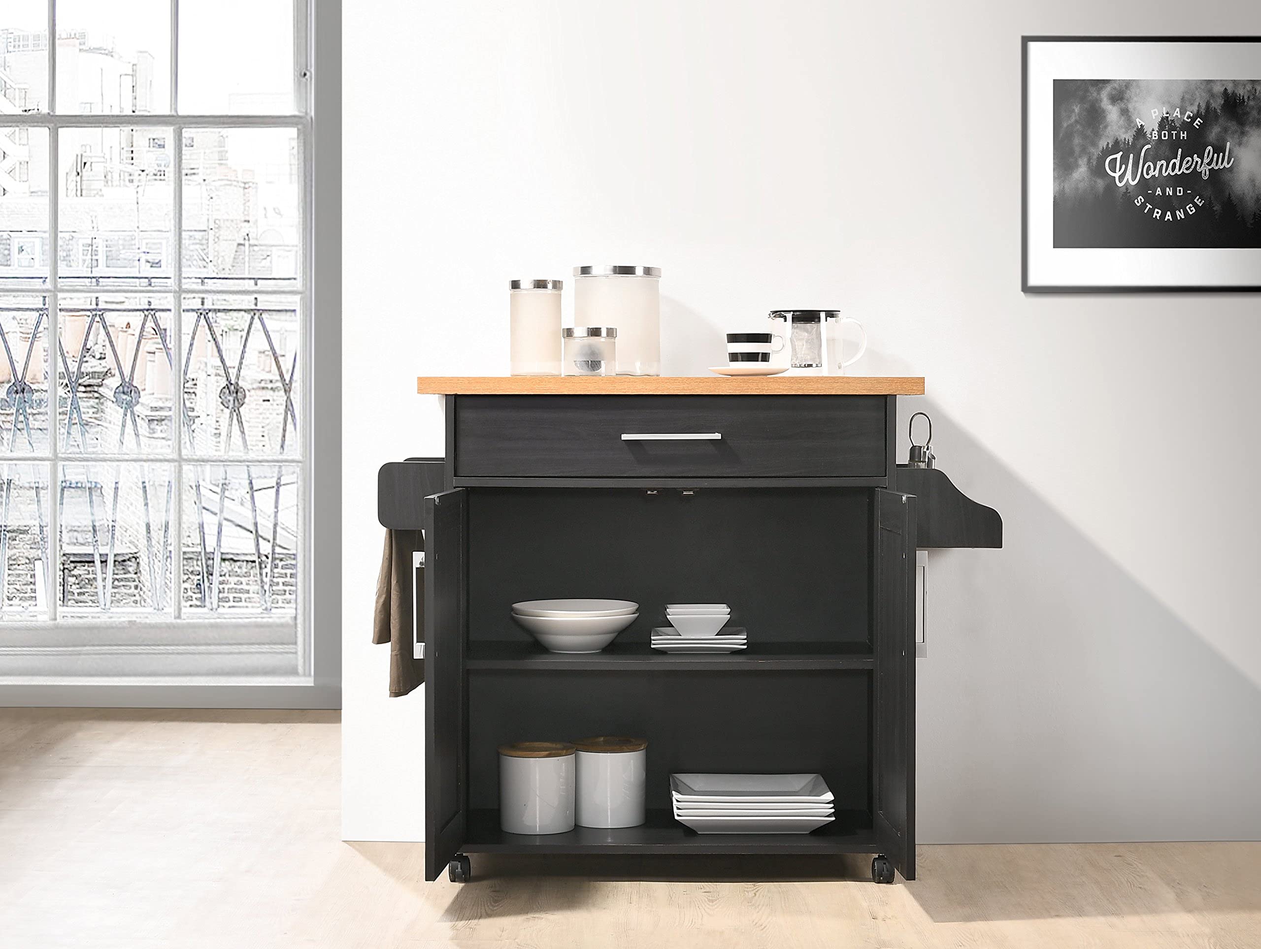 Hodedah Black Kitchen Island with Spice Rack, Towel Rack & Drawer - Beech Wood Countertop for Small Kitchen, Dining Room or Pantry Organization