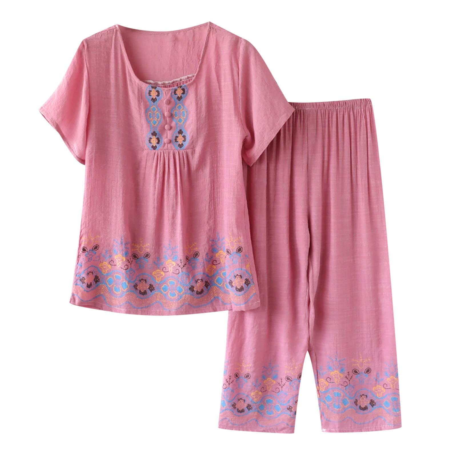 Women's Sleepwear Capri Pajama Sets - Soft Cotton Round Neck Lounge Set with Pockets, Comfy 2-Piece Loungewear for Women, Tops & Capri Pants | Perfect for Sleep, Relaxing at Home & Vacation