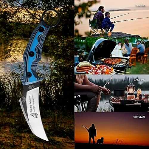 440C Steel Karambit Hunting Knife - Tactical Fixed Blade with Blue G10 Handle (8.2 Inch) - Perfect Outdoor Survival Tool & Unique Gift for Men, Hunters & Camping Enthusiasts - Ideal for Bushcraft, Self Defense & Outdoor Adventures