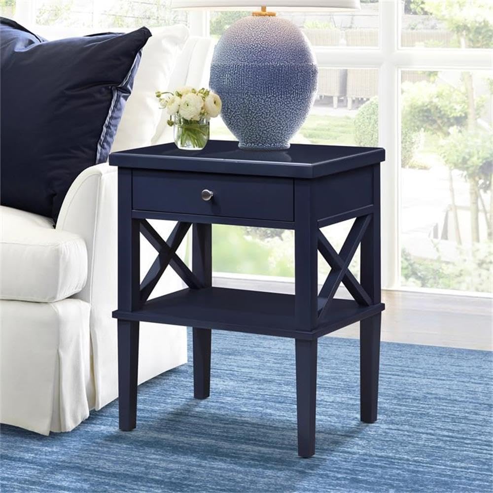 Midnight Blue Wood Nightstand with Drawer and Storage Shelf - Stylish Bedside Table for Bedroom, Living Room, or Office