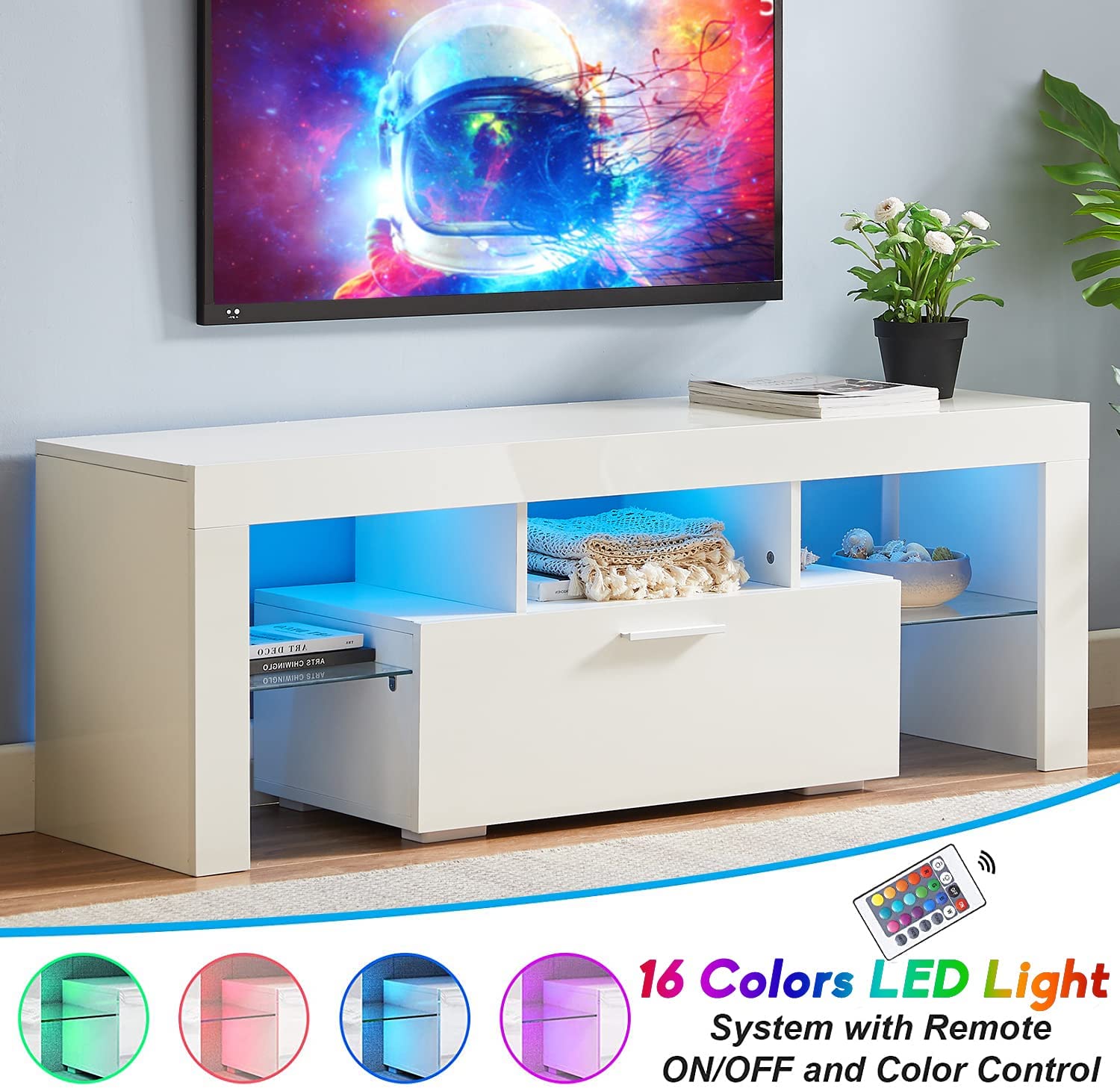 Modern White TV Stand for 45-55 Inch TVs - High-Gloss Entertainment Center with 16 LED Lights & Storage Drawers - Quick Assembly Media Cabinet for Living Room & Bedroom - Perfect for Home Theater & Gaming Setup