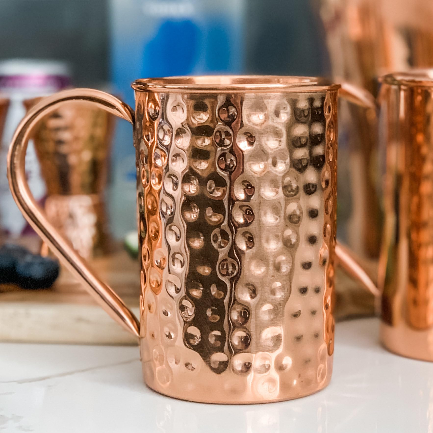 Handcrafted 100% Pure Solid Copper Moscow Mule Mugs - Hammered Finish with Raw Copper Interior - Authentic Riveted Handle - Premium 16oz Copper Cups for Cocktails, Iced Coffee & Home Bar Decor