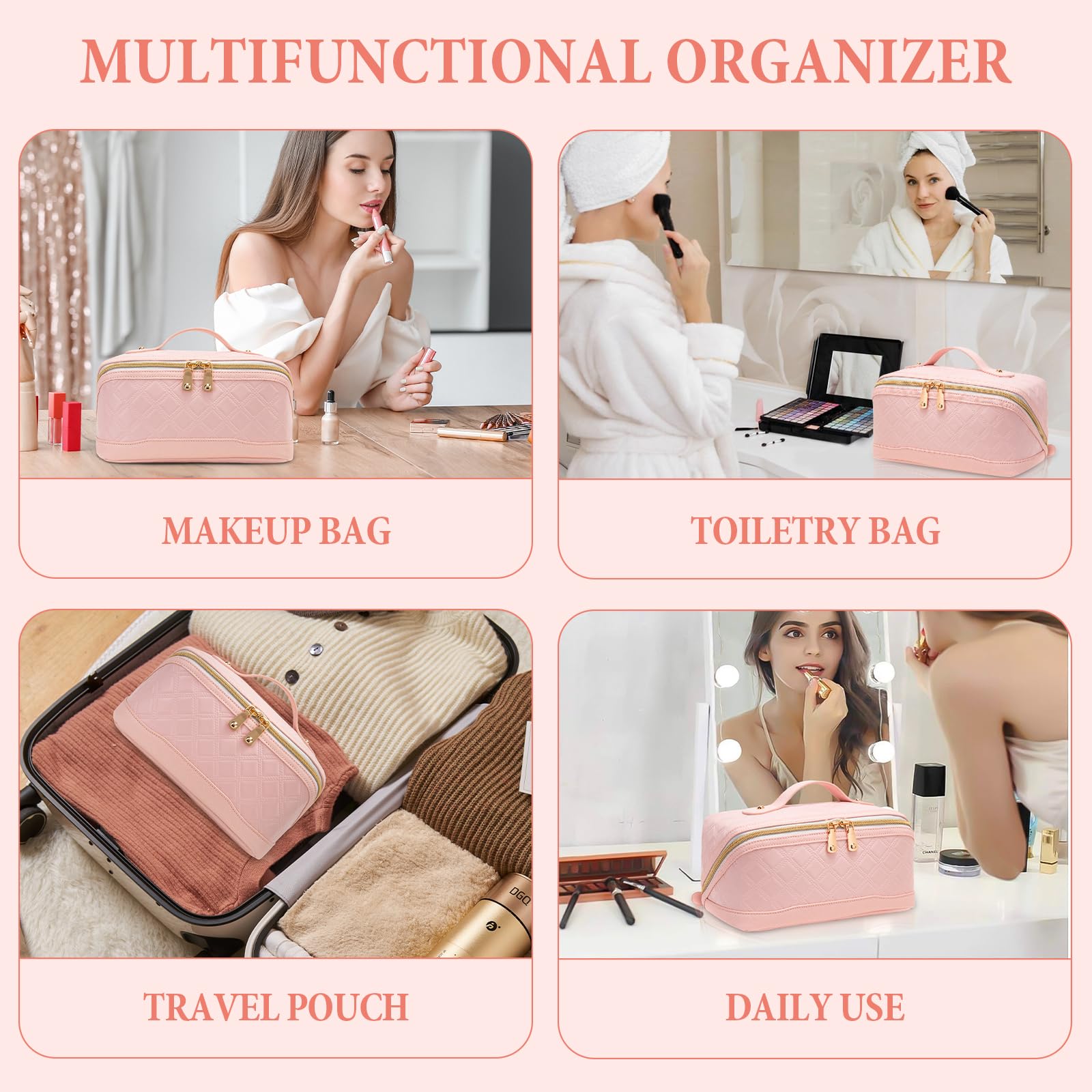 Large Capacity Travel Makeup Bag for Women - PU Leather Checkered Cosmetic Organizer with Handle & Divider, Pink Toiletry Bag | Perfect for Air Travel, Gym, Weekend Getaways & Daily Beauty Storage