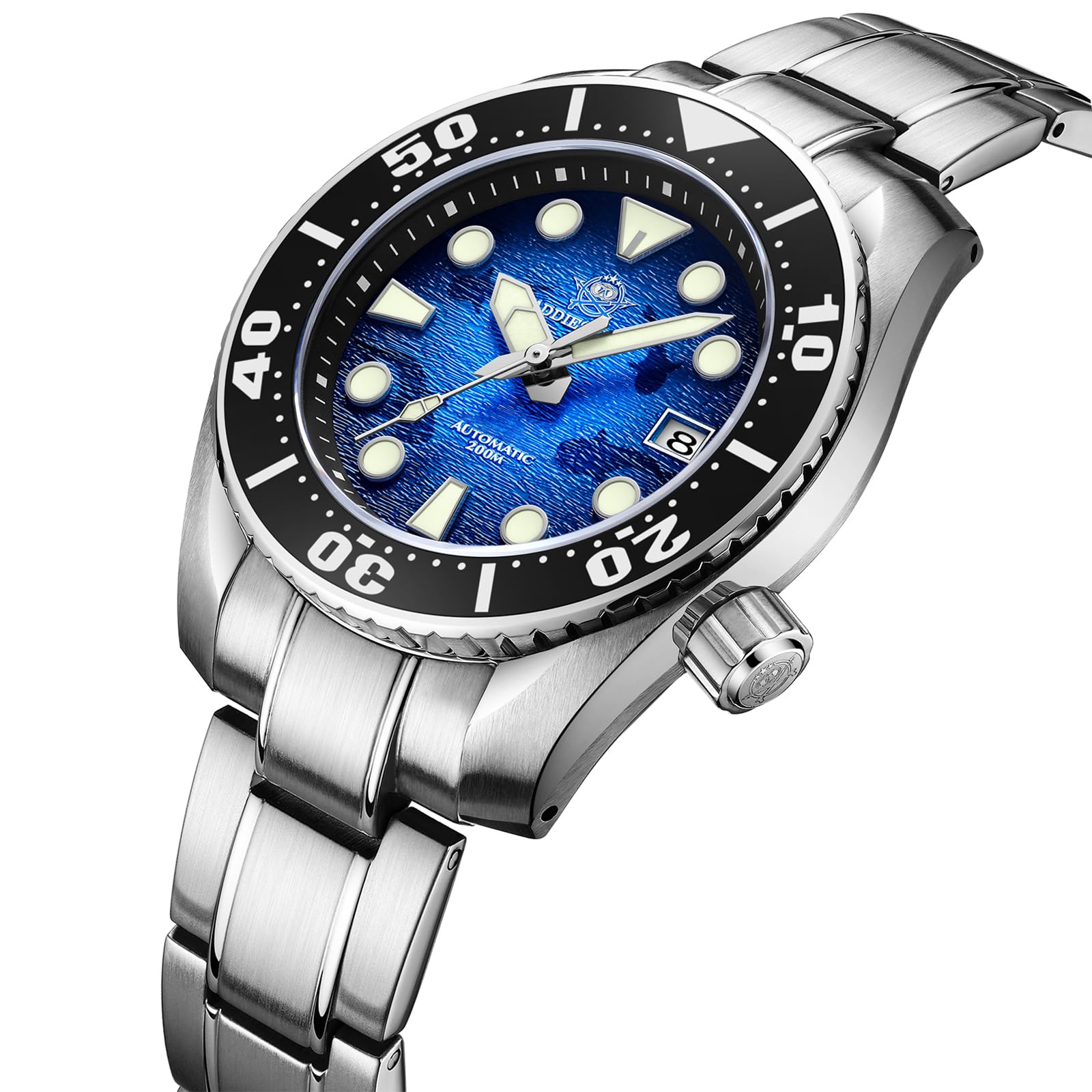 ADDIESDIVE Men's Automatic Diving Watch 44.9mm Blue Wave Dial, 200M Waterproof, NH35A Movement, Stainless Steel Band - Perfect for Scuba Diving, Snorkeling & Water Sports