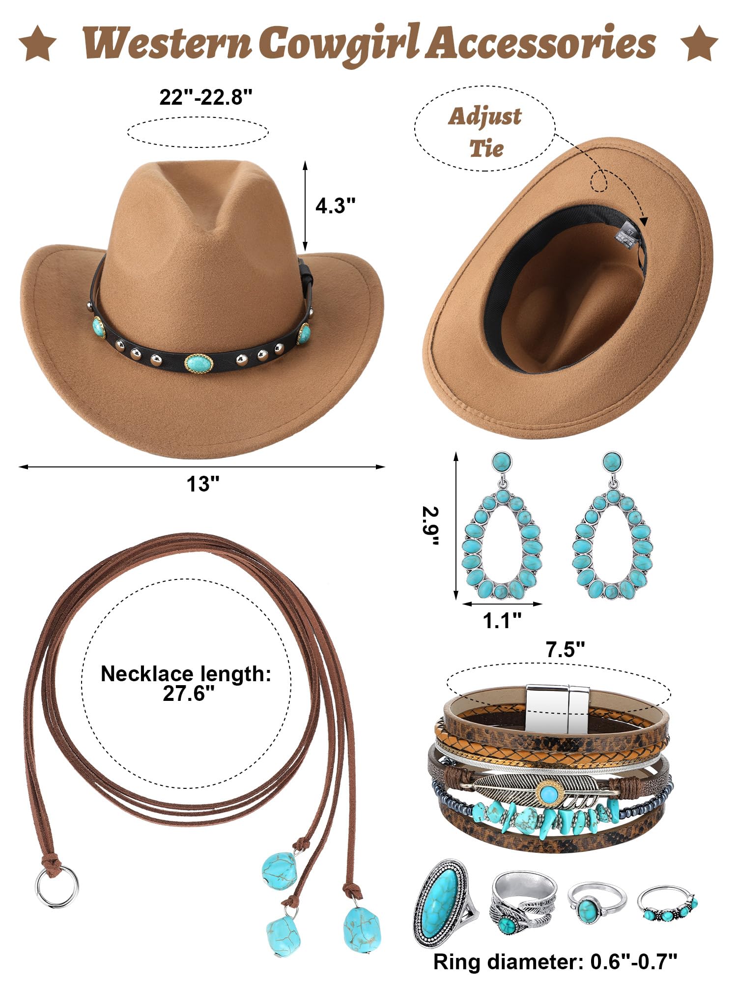 9 Pack Western Outfits for Women - Cowgirl Vest, Boho Cowboy Hat & Jewelry Set | Halloween Costume, Cowgirl Cosplay, Rodeo Party Outfit