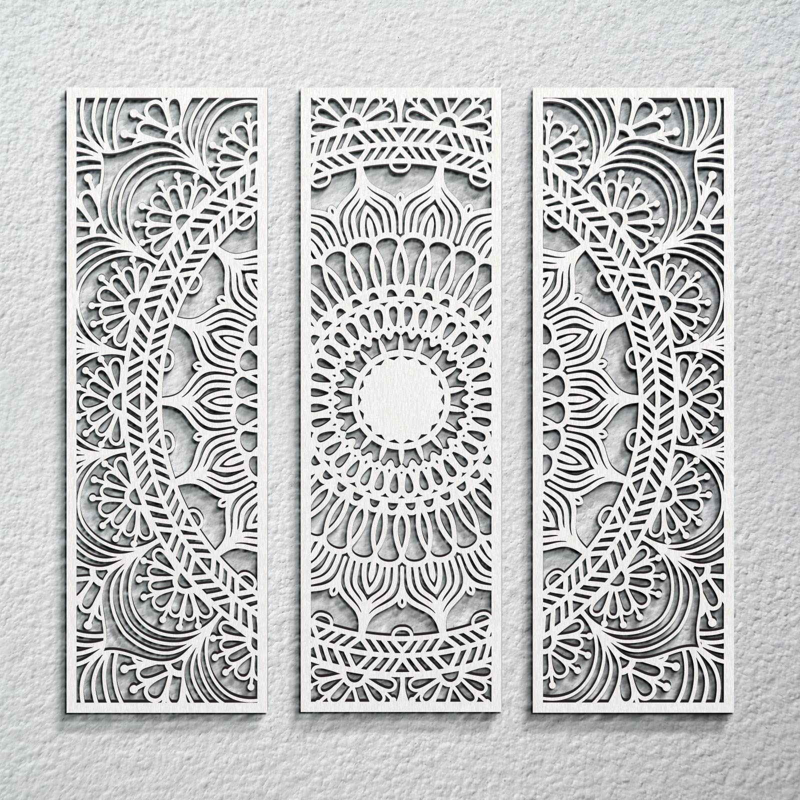 Blulu 3-Piece Mandala Wall Art Set - Hand-Carved Wooden Plaques with Floral Design, Modern Farmhouse Decor for Home & Bathroom (15.8 x 5.1 Inch, White) | Perfect for Living Room, Bedroom, Office & Spa Decor