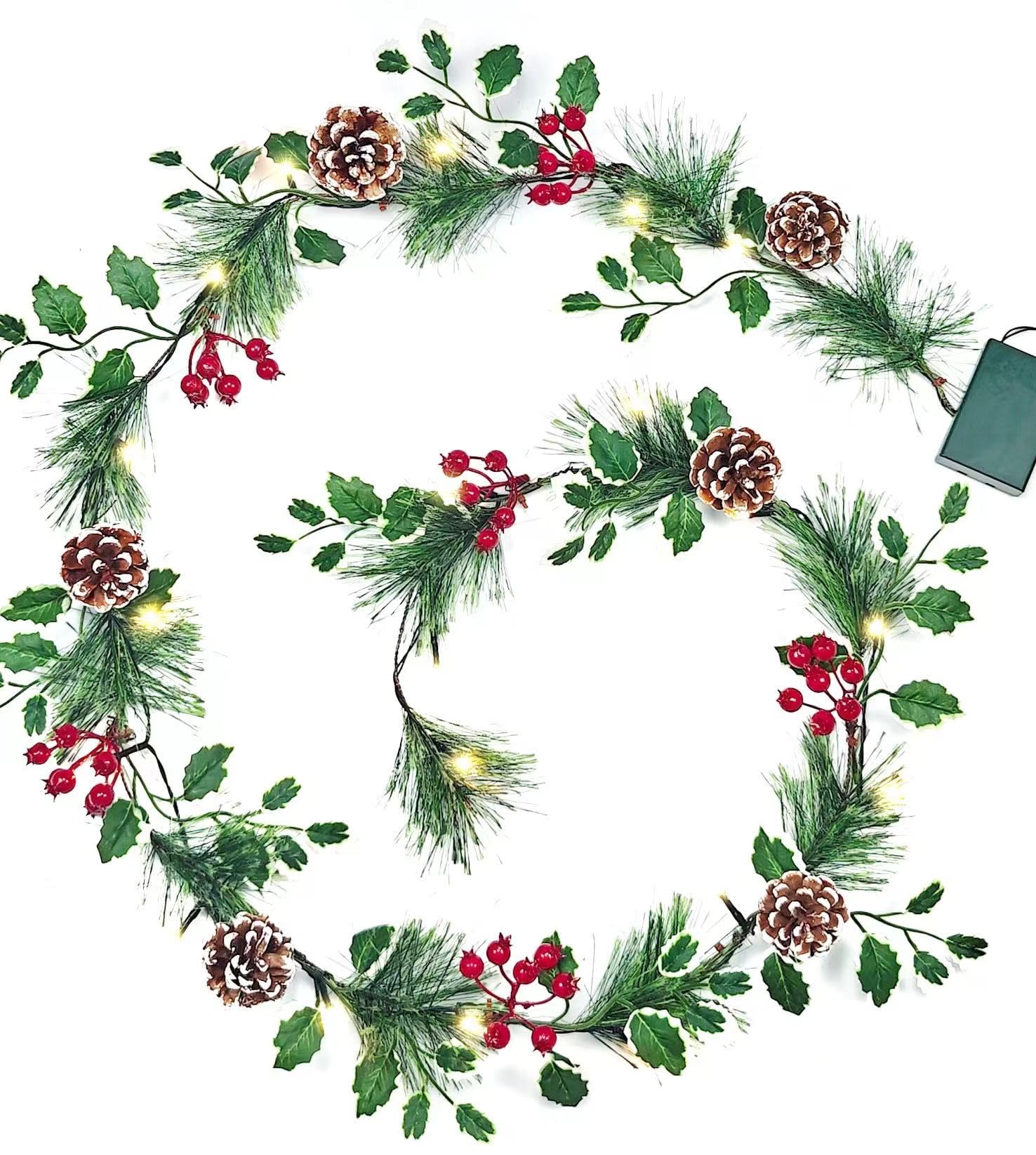 6FT Smokey Pine Prelit Christmas Garland with Timer - Battery Operated LED Holly Garland for Stairs, Railing, Mantle & Fireplace Decor - Perfect for Holiday Parties, Home & Office Christmas Decorations