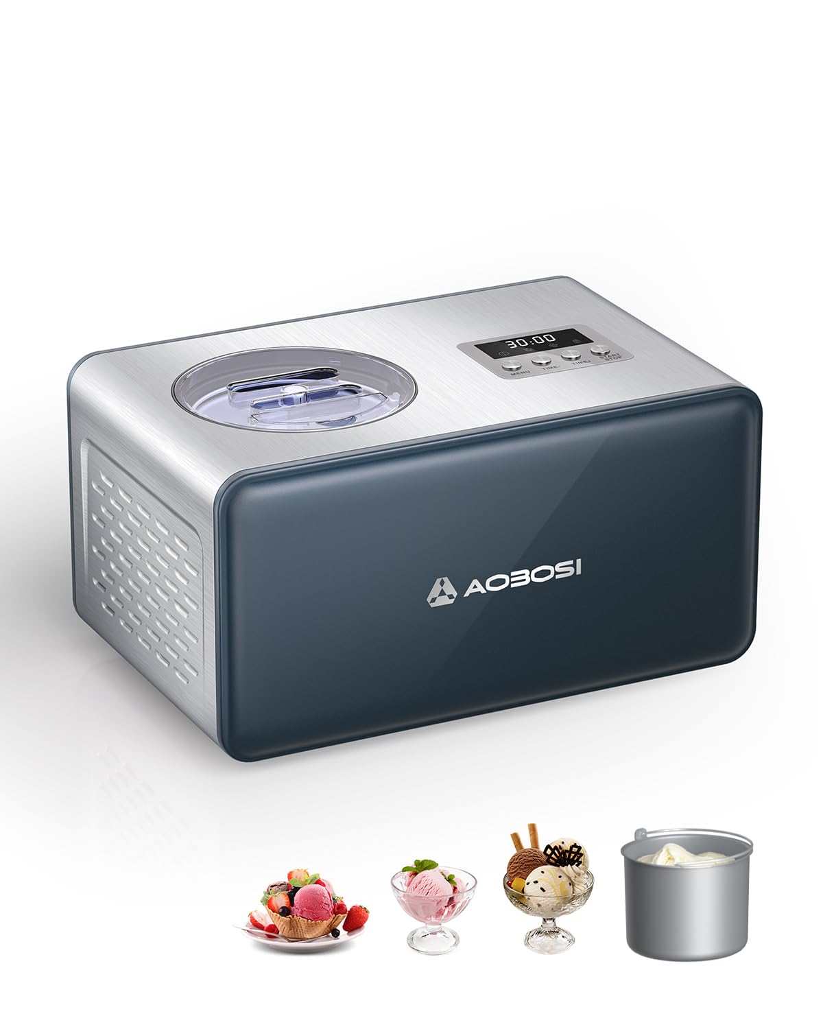 AAOBOSI 2.2 Quart Ice Cream Maker with Built-in Compressor - No Pre-Freezing Required, 4 Modes for Frozen Yogurt & Gelato, LCD Digital Display & Timer, Stainless Steel Home Ice Cream Machine - Perfect for Parties, Family Desserts & Summer Treats