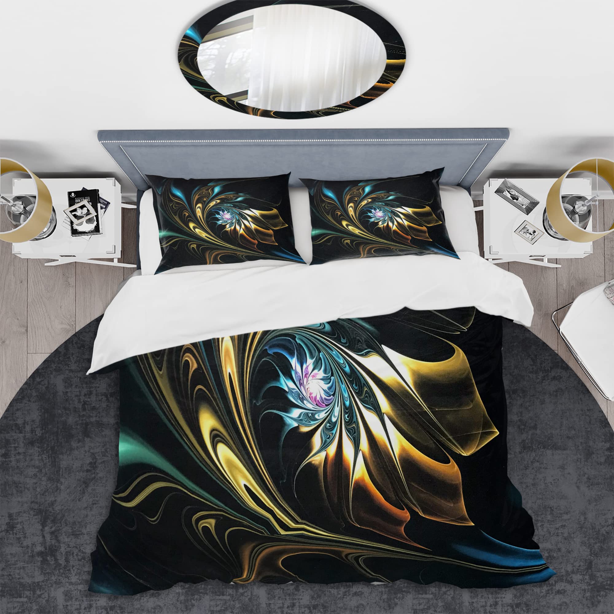 Modern Abstract Fractal Flower Duvet Cover Set King - Blue & Brown Contemporary Bedding Set of 3 Pieces for All Seasons | Perfect for Master Bedroom, Guest Room & Dorm Decor