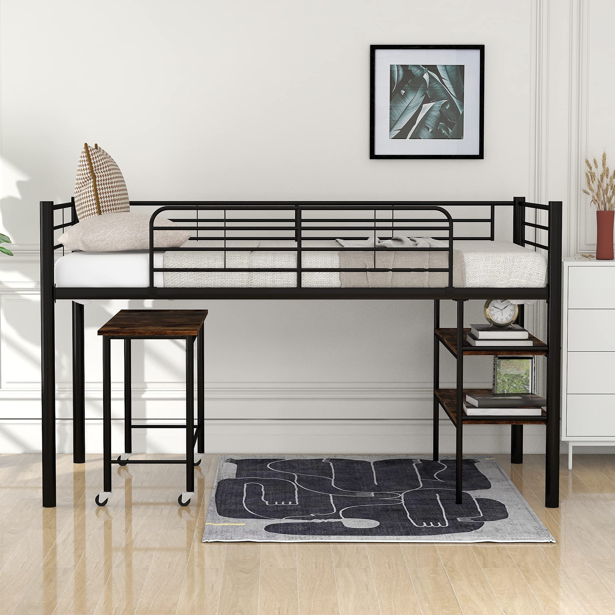 Knocbel Twin Loft Bed with Mobile Desk & Storage Shelves - Sturdy Metal Platform Bed Frame with Guardrails, Ladder & 16 Slats - Supports 200lbs - Space-Saving Solution for Kids, Teens & Small Bedrooms (Black)