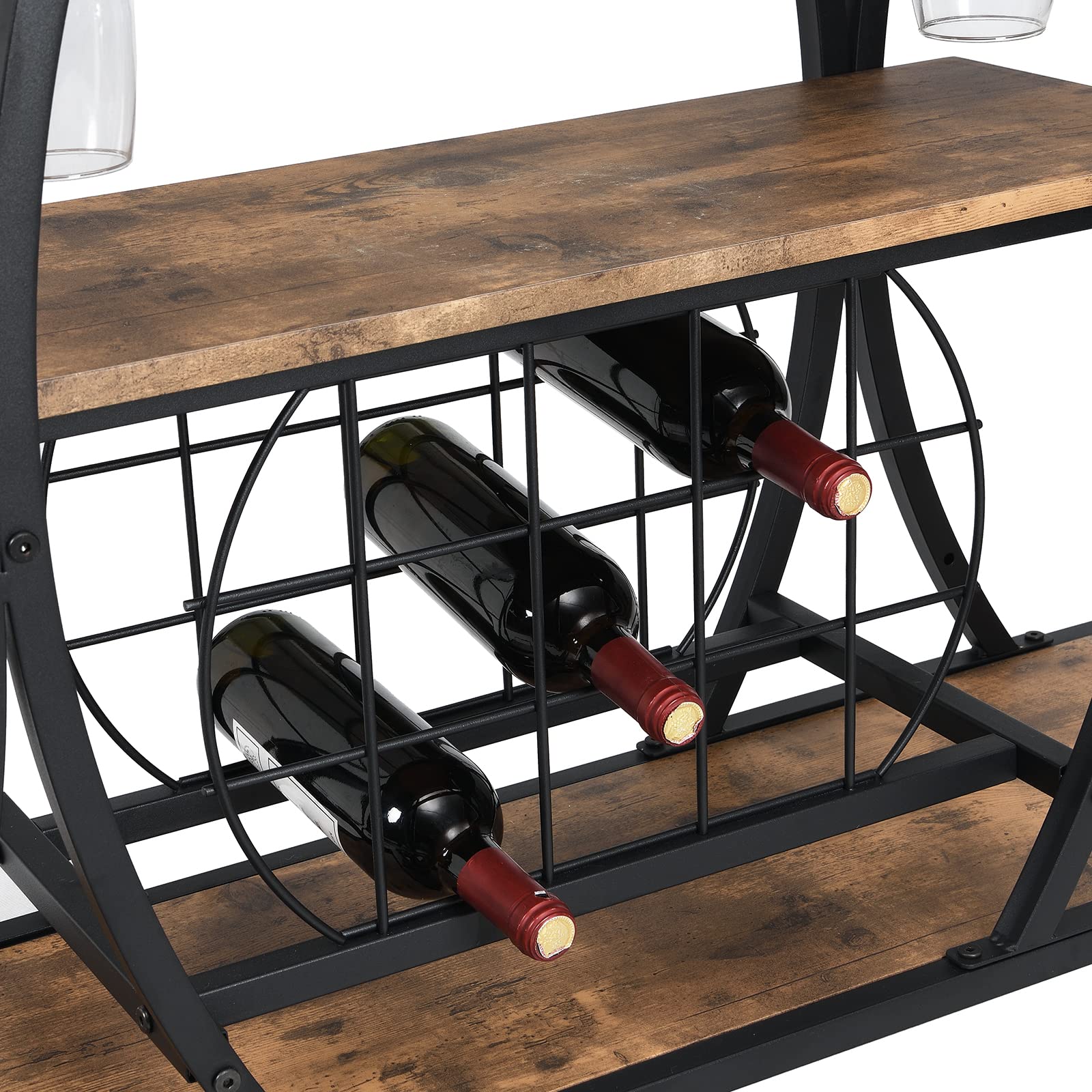 Industrial Bar Cart with Wine Rack & Wheels - Rustic Brown Black Wooden Metal Frame Mobile Serving Cart for Home, Holds 11 Bottles & 16 Glasses (44.09
