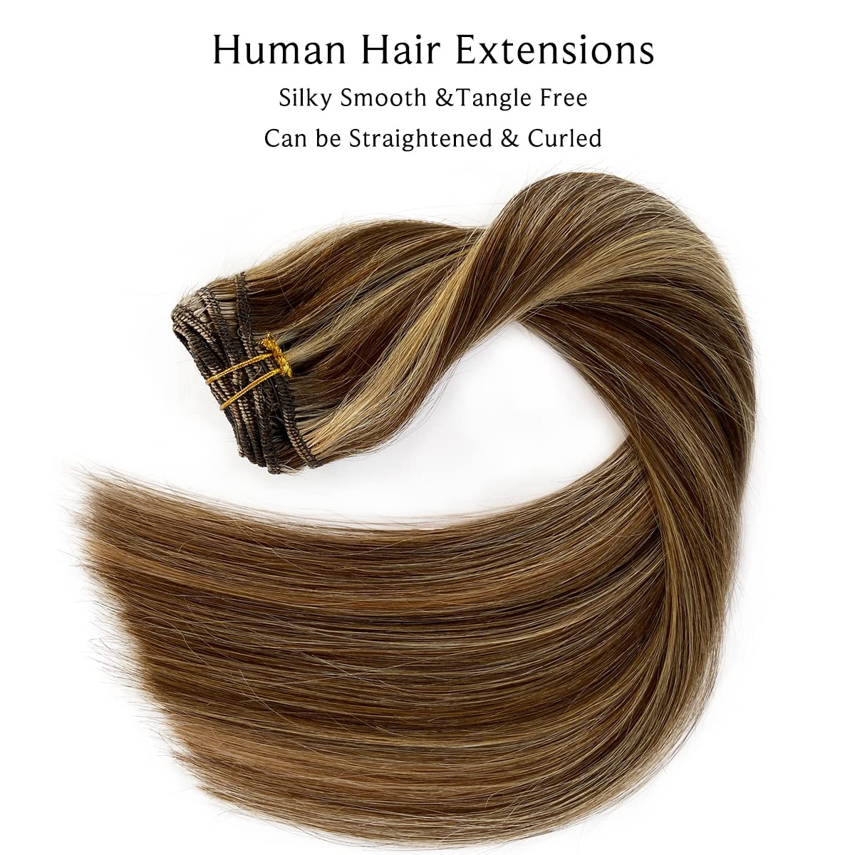 Clip In Remy Human Hair Extensions 20 Inch 7 Pieces 70g Straight Double Weft - Chocolate Brown to Caramel Blonde Highlights (#4P27) | Natural Looking Hair Extensions for Women | Perfect for Parties, Weddings & Everyday Styling