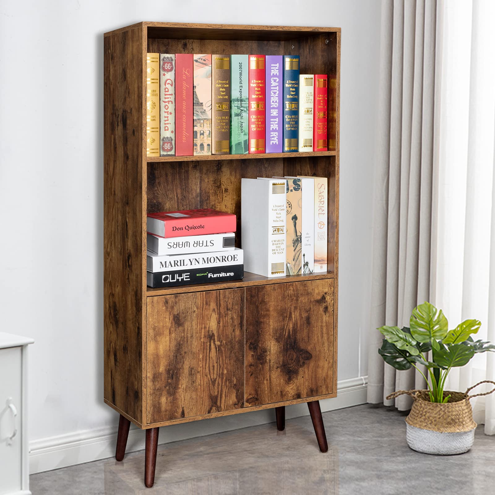 Vintage 2-Tier Bookcase with Doors - Storage Cabinet for Books, Photos & Home Decor - Perfect for Living Room, Office or Library - Ideal for Organizing & Displaying Collections